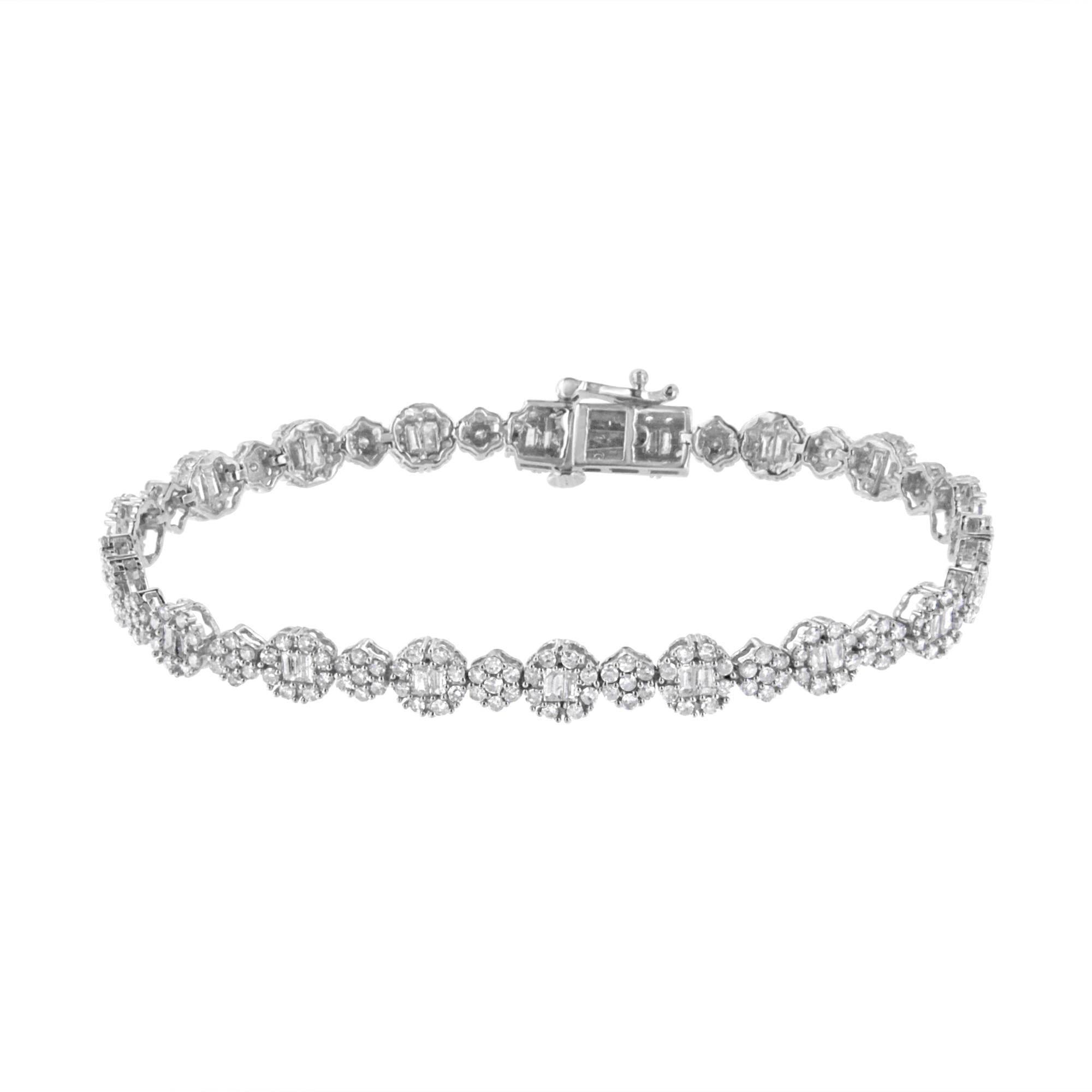 10K White Gold 4.0 cttw Brilliant Round-cut and Baguette Diamond Floral Cluster Link Bracelet (I-J Clarity, I1-I2 Color) - Size 7" - Friggin Jewelry