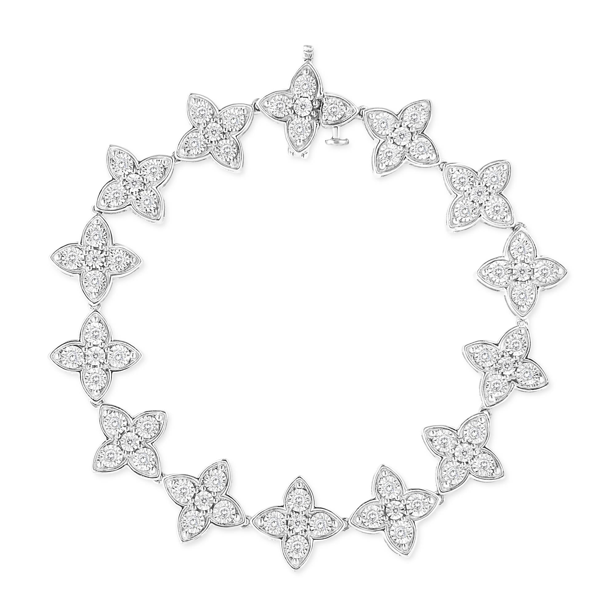 .925 Sterling Silver 1 cttw Miracle-Set Diamond 4 Leaf Clover Link Bracelet (I-J Clarity, I3 Color) - Size 7.25" - Friggin Jewelry