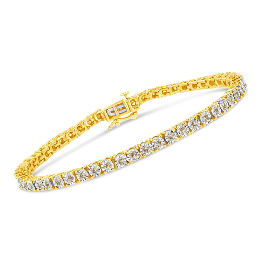 Pulsera de tenis de plata de ley 925 bañada en oro amarillo de 14 quilates con diamantes engastados milagros de 3,0 quilates (color LM, claridad I2-I3) - 18,3 cm - Friggin Jewelry