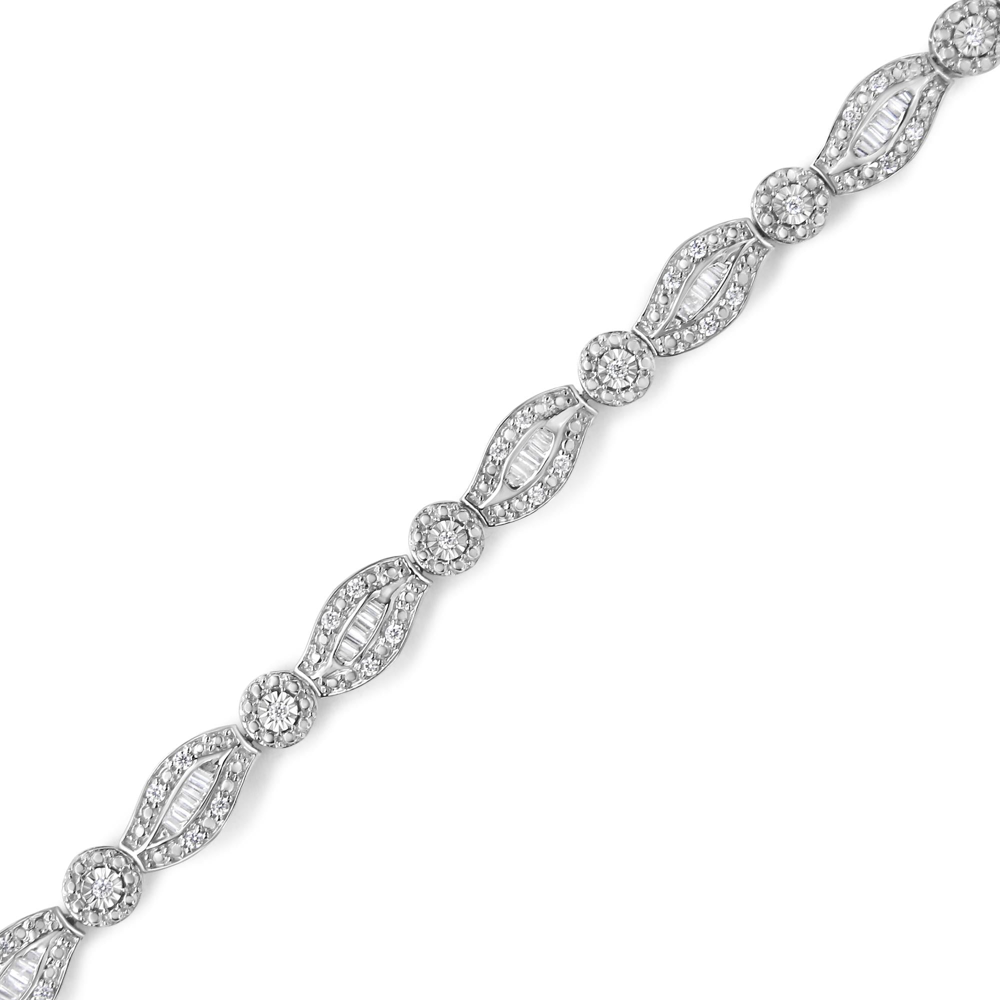 .925 Sterling Silver 1 cttw Diamond Double Leaf and Bezel Link Bracelet (I-J Clarity, I2-I3 Color) - Size 7.25" - Friggin Jewelry