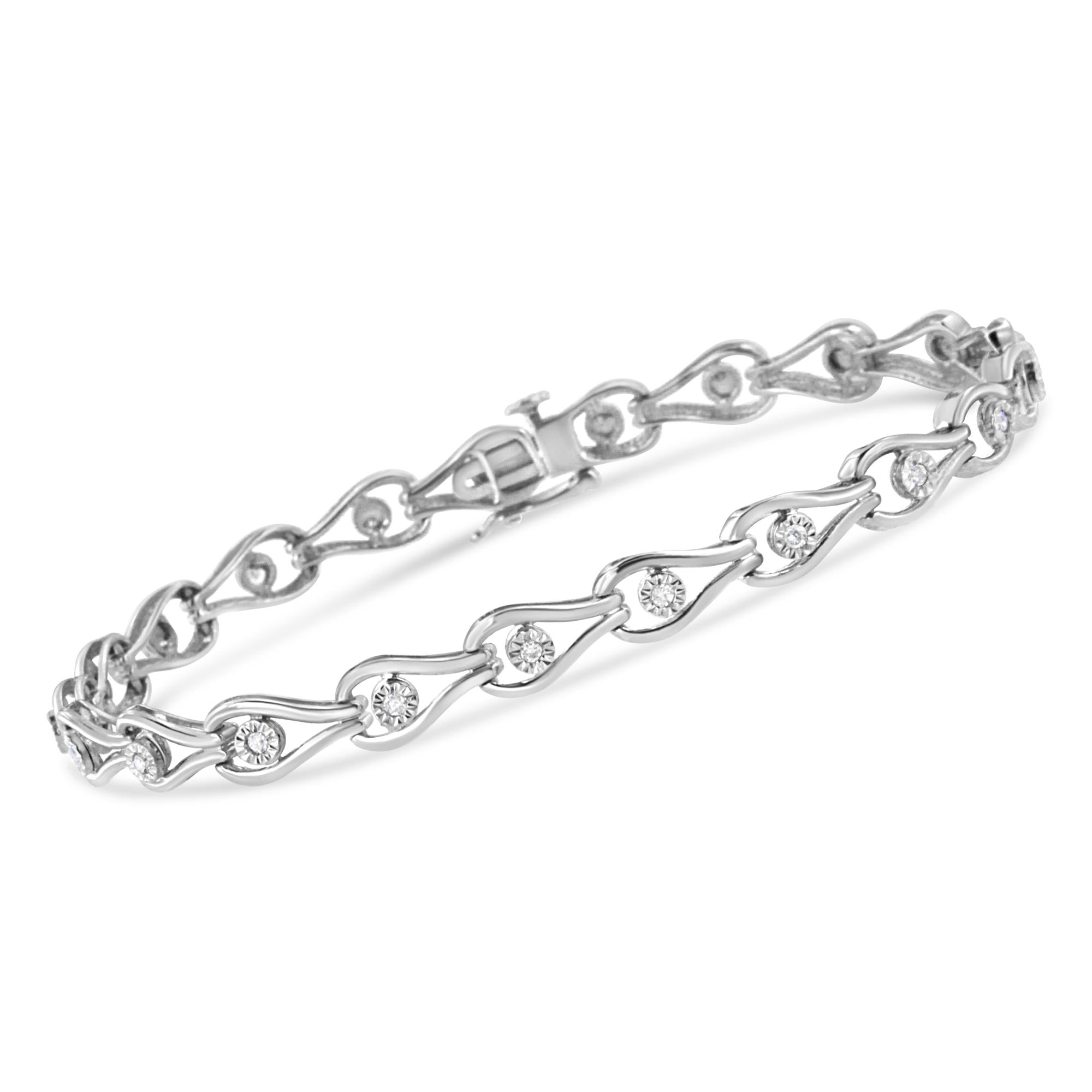 Pulsera de plata de ley 925 con diamantes de 1/10 quilates engastados milagros en forma de pera y eslabones en bisel (color IJ, claridad I3) - 18,3 cm - Friggin Jewelry