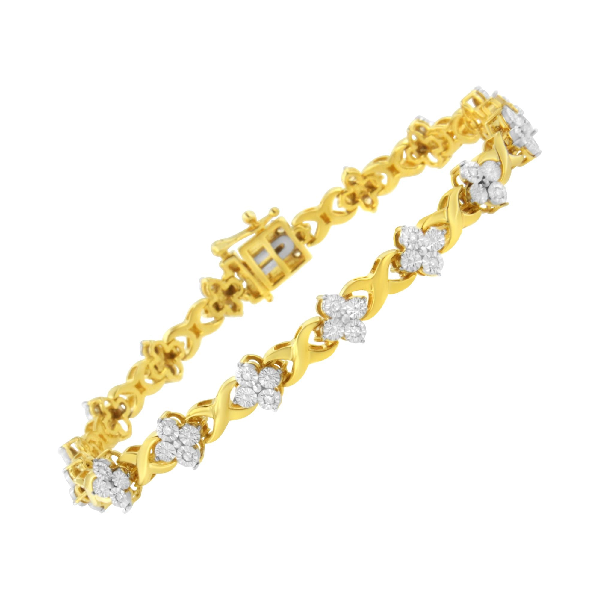 Pulsera de tenis con eslabones de trébol de cuatro hojas y diamantes de 1/4 ct en plata de ley chapada en oro amarillo de 10 quilates (color IJ, claridad I2-I3) - Talla 7,25" - Friggin Jewelry