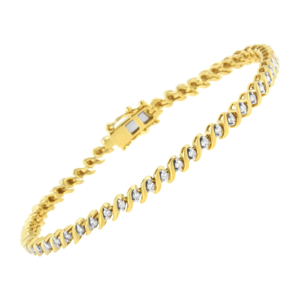 Bracciale tennis a maglie a S con diamanti incastonati a 2 griffe da 1/2 ct in argento sterling 925 placcato oro giallo 10K (colore IJ, purezza I3) - 7,25" - Friggin Jewelry