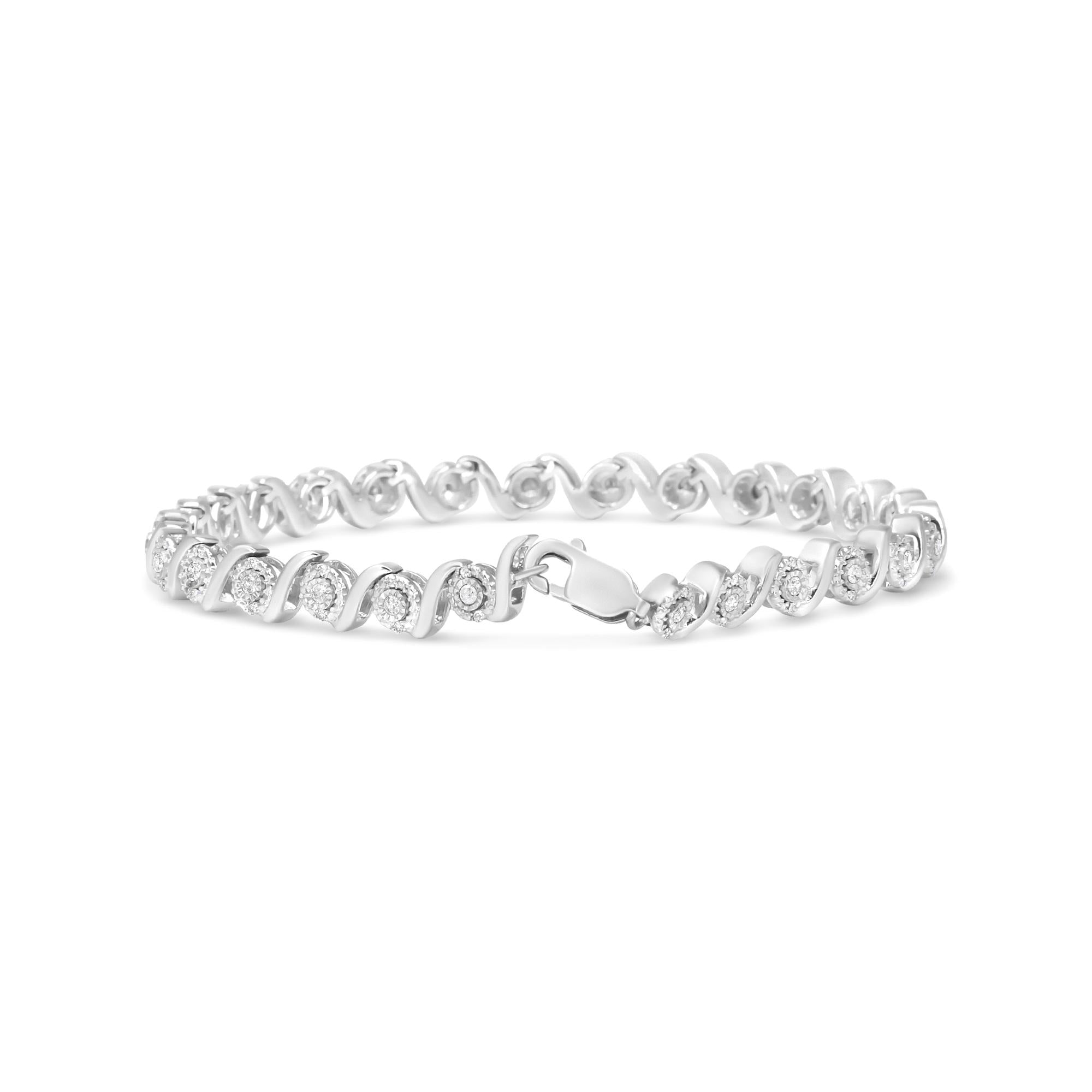 Pulsera de eslabones en forma de S con halo de diamantes redondos de 1/2 quilates en plata de ley 925 (color IJ, claridad I2-I3) - 18,3 cm - Friggin Jewelry