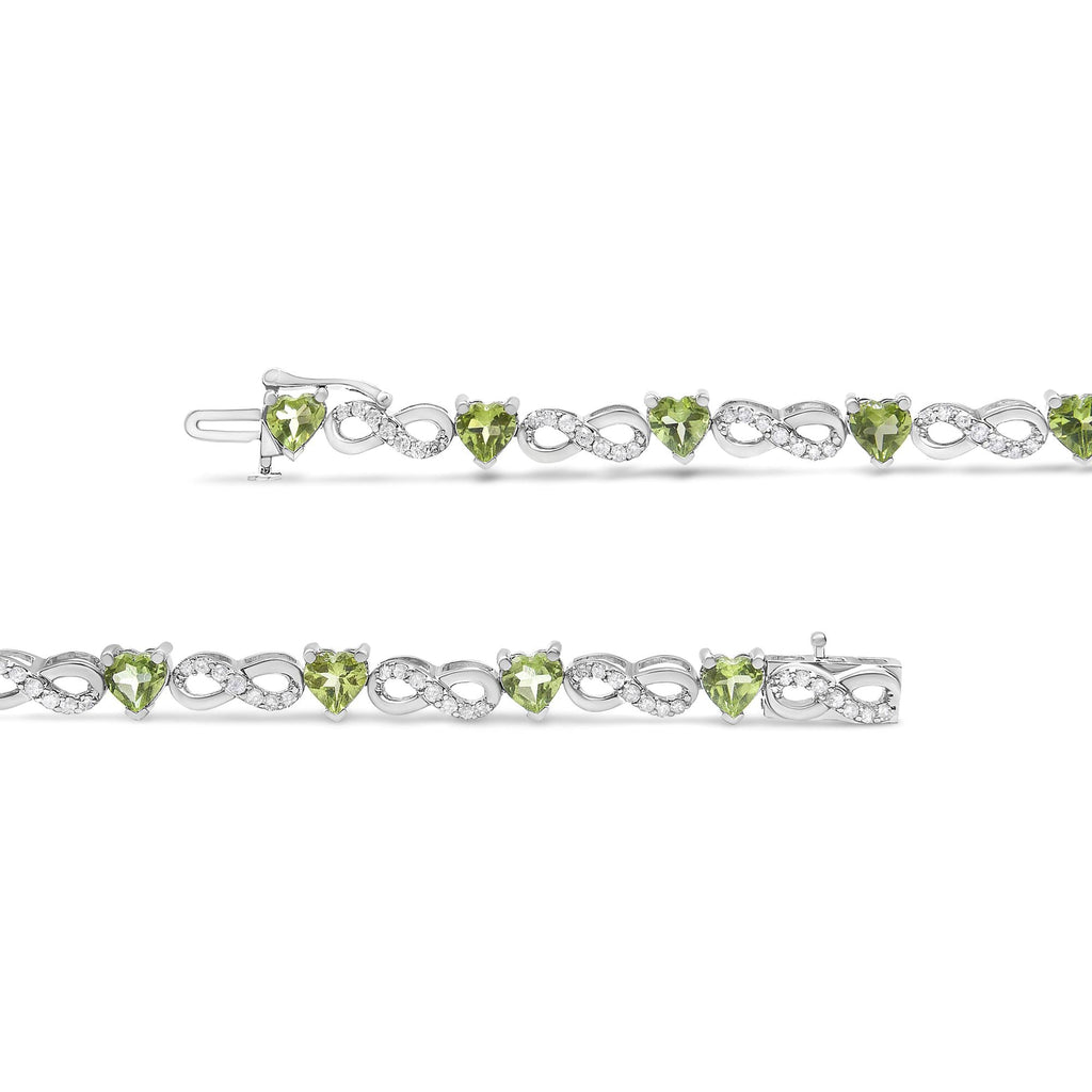.925 Sterling Silver 1.00 Cttw Diamond and 4.00mm Lab Created Green Heart-Shaped Peridot Infinity Link Bracelet (I-J Color, I2-I3 Clarity) - 7.25" - Friggin Jewelry