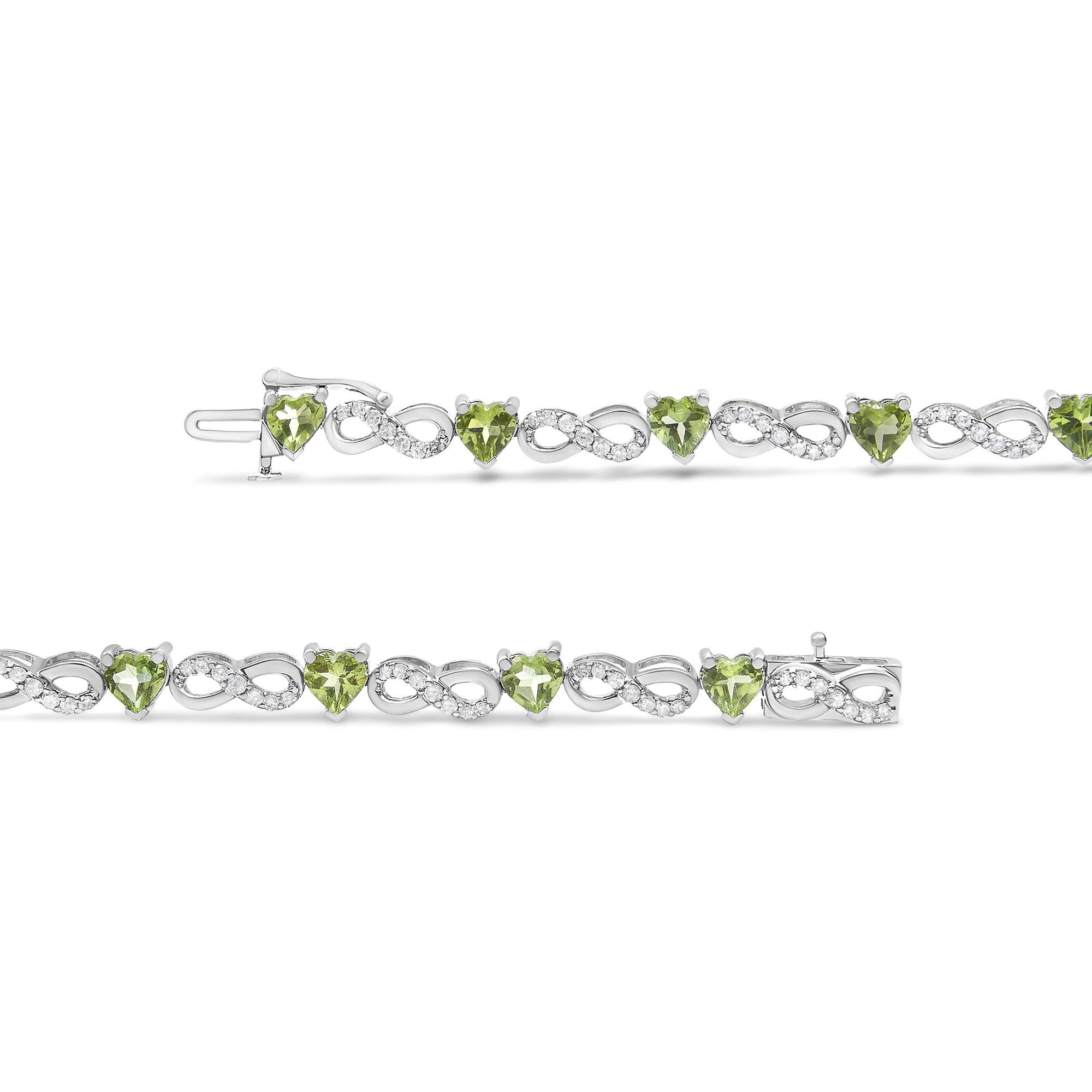 .925 Sterling Silver 1.00 Cttw Diamond and 4.00mm Lab Created Green Heart-Shaped Peridot Infinity Link Bracelet (I-J Color, I2-I3 Clarity) - 7.25" - Friggin Jewelry