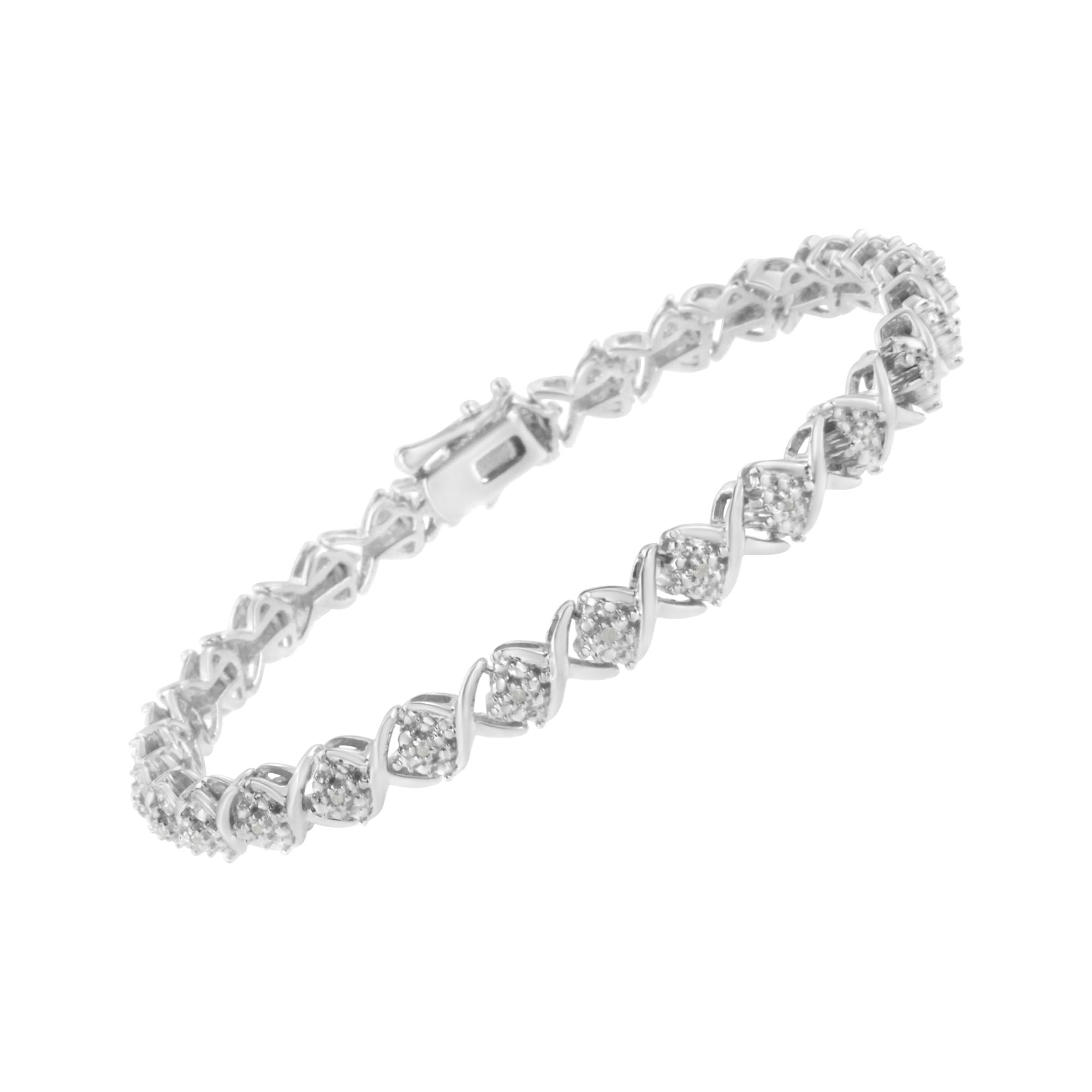 Pulsera de plata de ley 925 con diamantes de talla redonda, racimo floral y eslabones en forma de X (color IJ, claridad I3) - 18,3 cm - Friggin Jewelry