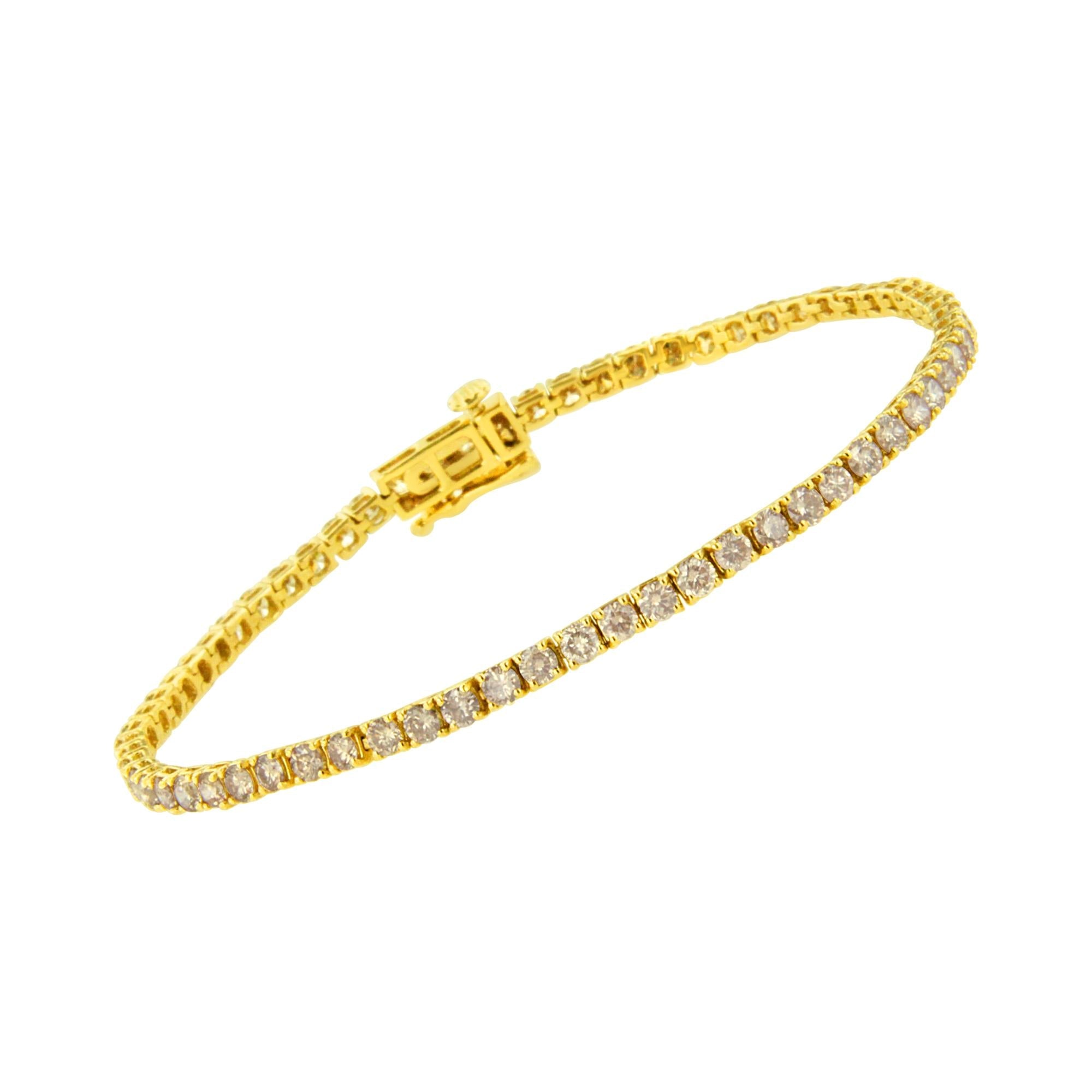 Pulsera clásica de tenis de plata de ley 925 bañada en oro amarillo de 14 quilates con diamantes de talla redonda engastados en 4 puntas (color KL, claridad I2-I3) - Talla 7,25" - Friggin Jewelry