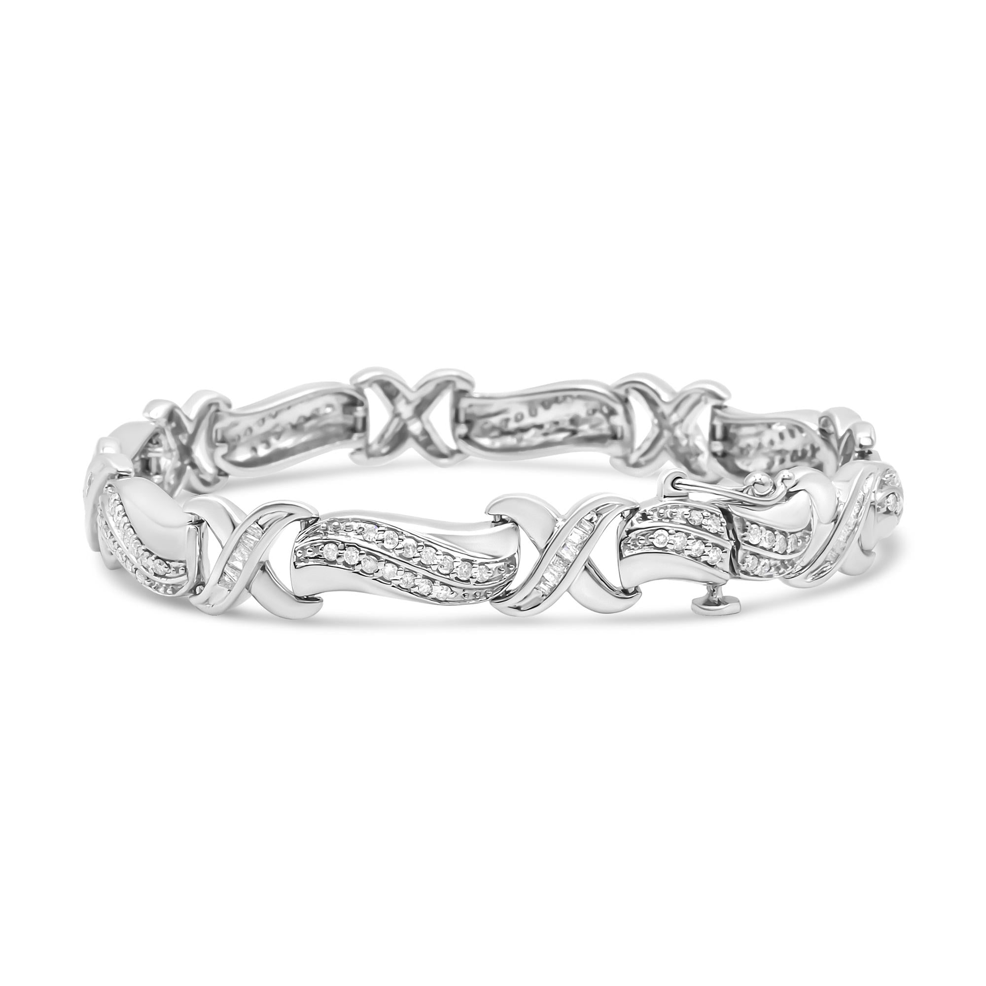 .925 Sterling Silver 1 3/4 Cttw Diamond Wave and X Link Tennis Bracelet (I-J Color, I3 Clarity) - 7" - Friggin Jewelry