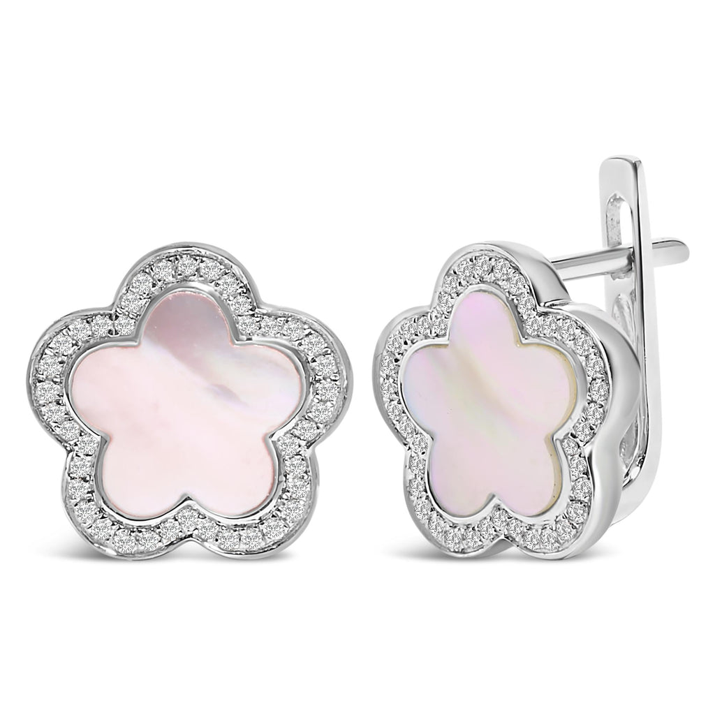 14K White Gold Mother of Pearl and 1/5 Cttw Diamond Halo Star Stud Earrings - Friggin Jewelry Premium