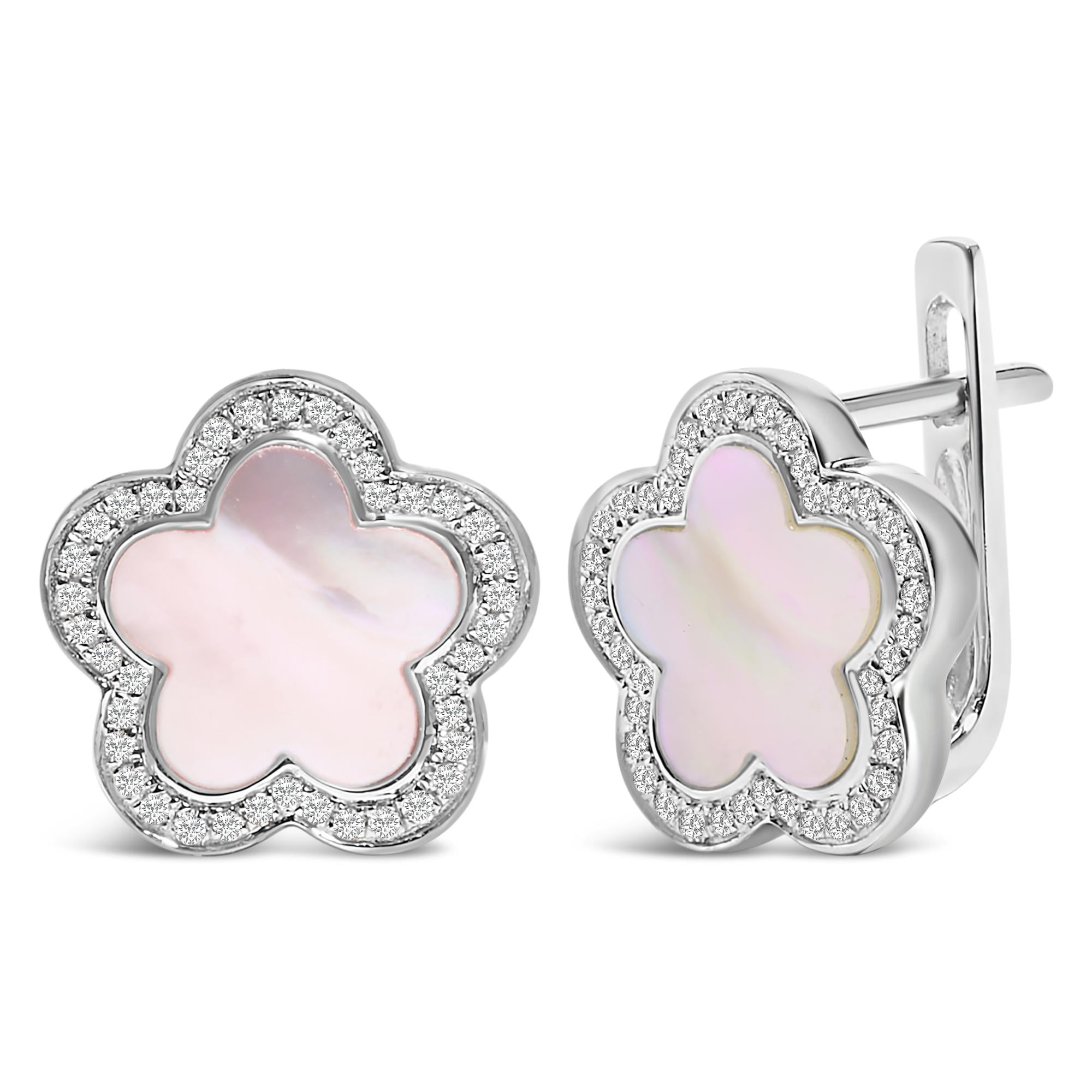 14K White Gold Mother of Pearl and 1/5 Cttw Diamond Halo Star Stud Earrings - Friggin Jewelry Premium