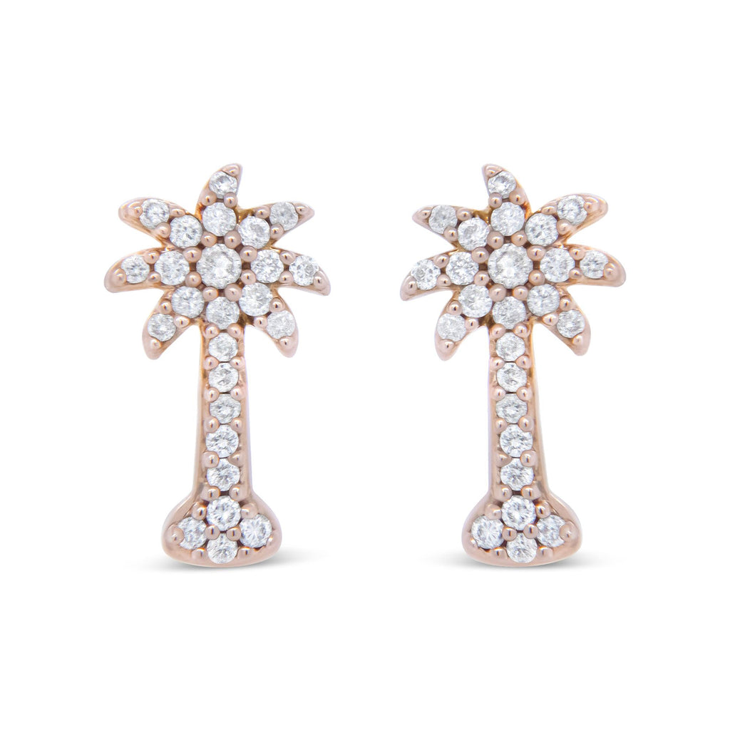 10K Rose Gold 1/4 Cttw Diamond Palm Tree Push Back Stud Earrings (H-I Color, I1-I2 Clarity) - Friggin Jewelry