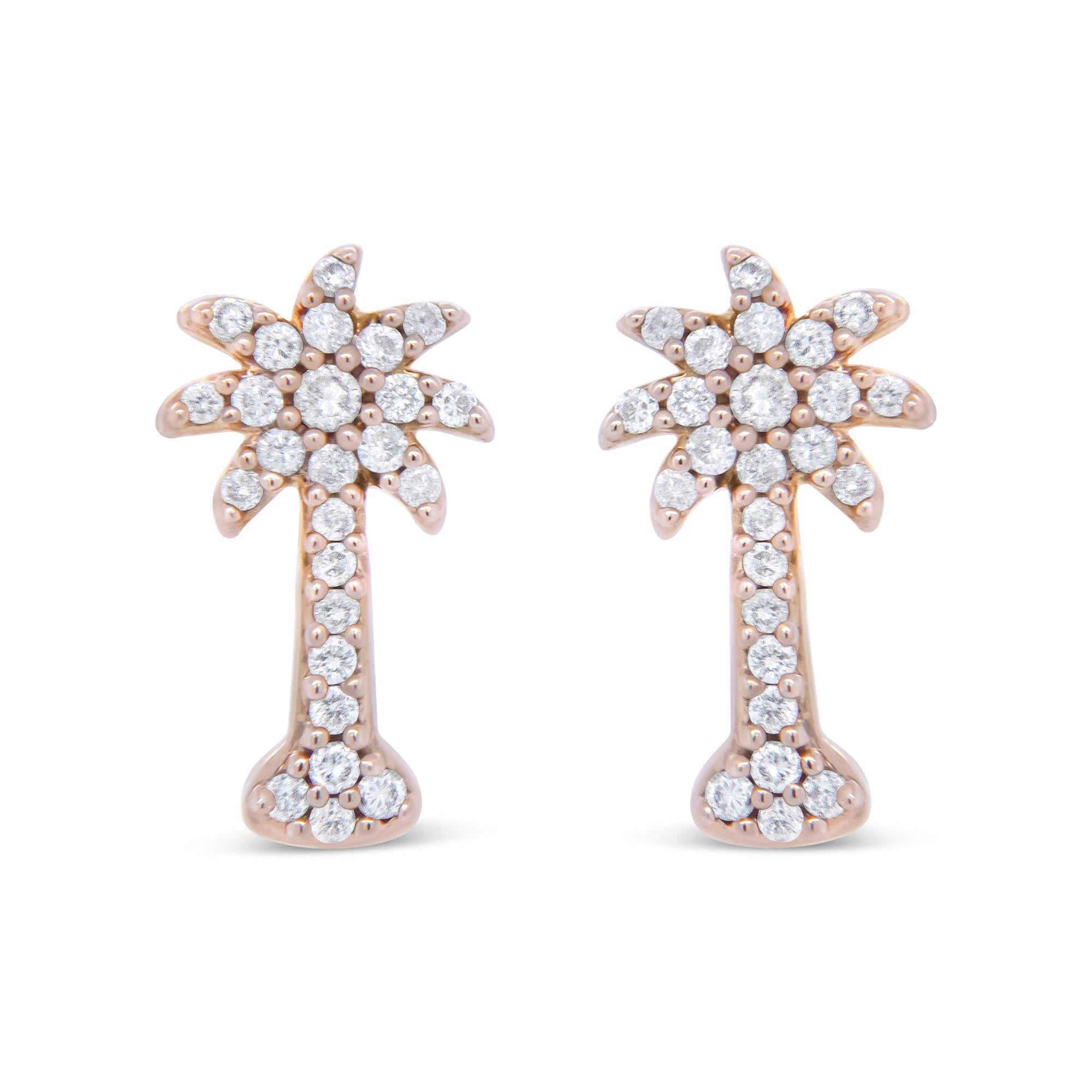 Aretes tipo botón con diseño de palmera de diamantes de 1/4 ct en oro rosa de 10 quilates (color HI, claridad I1-I2) - Friggin Jewelry