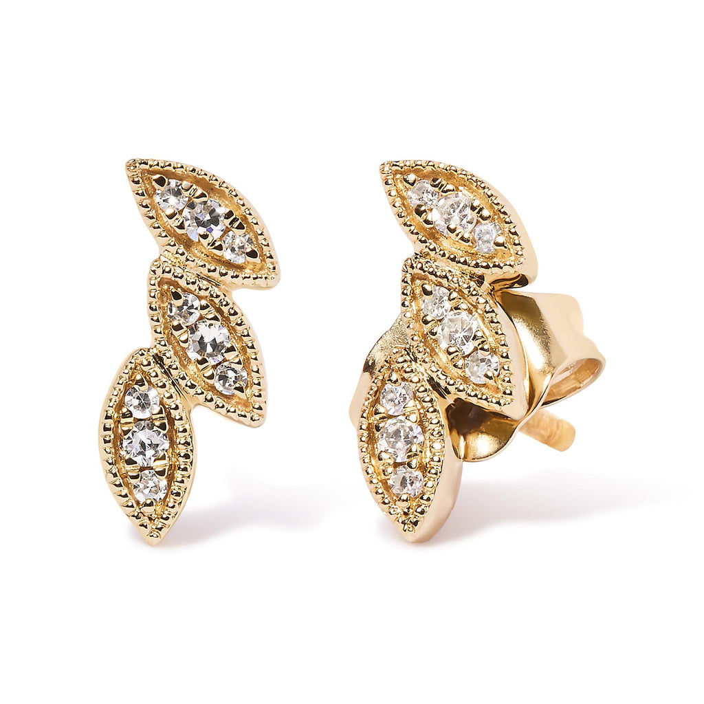 Aretes de oro amarillo de 10 quilates con triple hoja de diamantes de 1/10 quilates (color HI, claridad I1-I2) - Friggin Jewelry