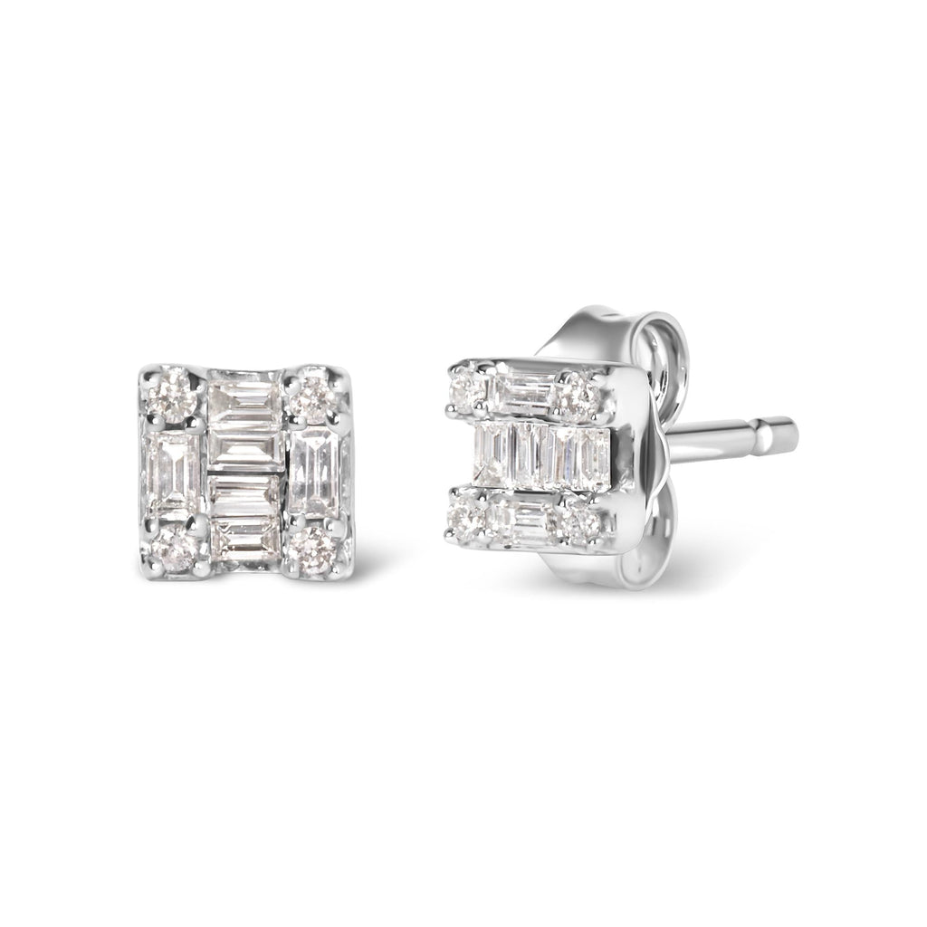 10K White Gold 1/7 Cttw Round and Baguette Diamond Mosaic Square Stud Earrings (H-I Color, I1-I2 Clarity) - Friggin Jewelry