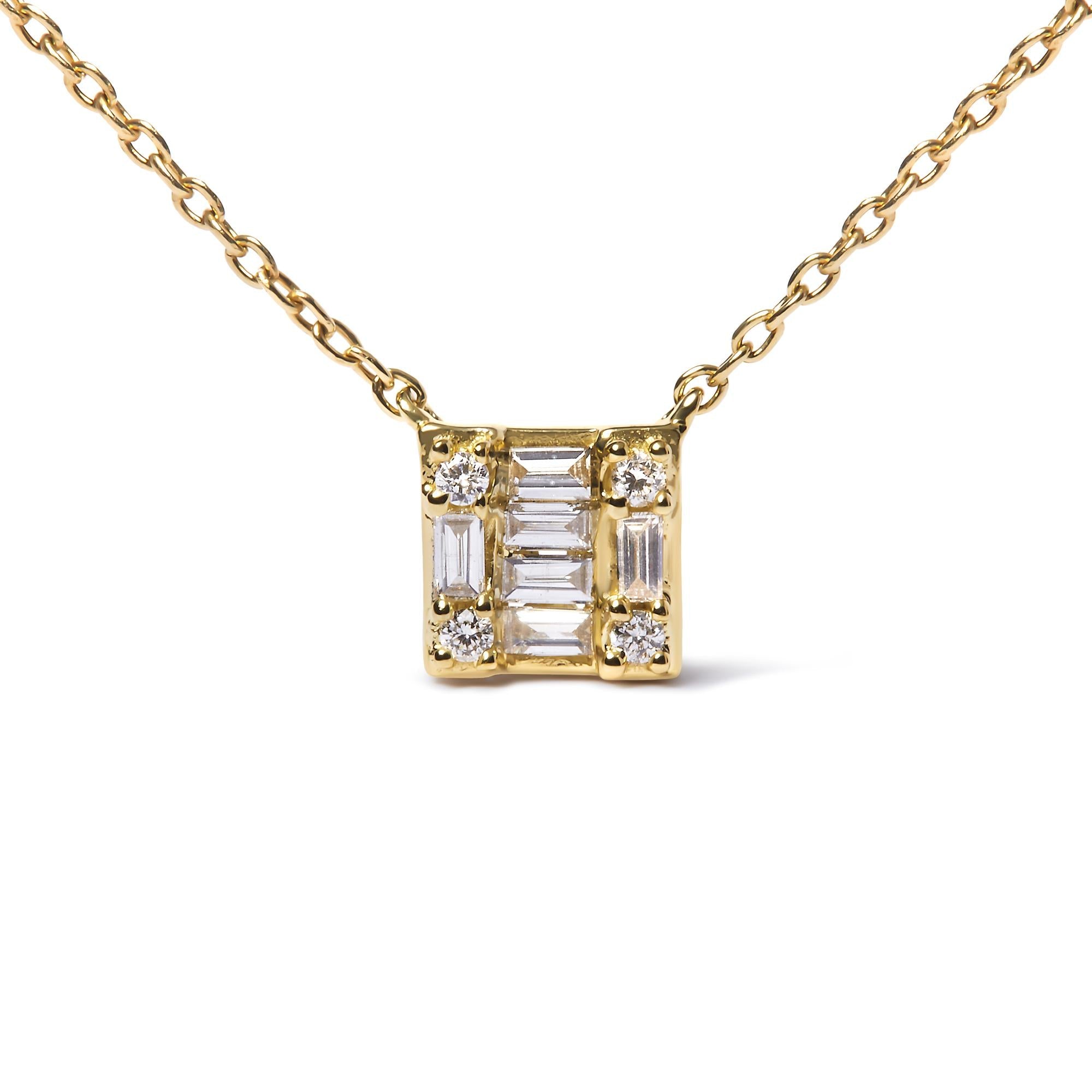 10K Yellow Gold 1/10 Cttw Round and Baguette Diamond Mosaic Composite Square 18" Inch Pendant Necklace (H-I Color, I1-I2 Clarity) - Friggin Jewelry