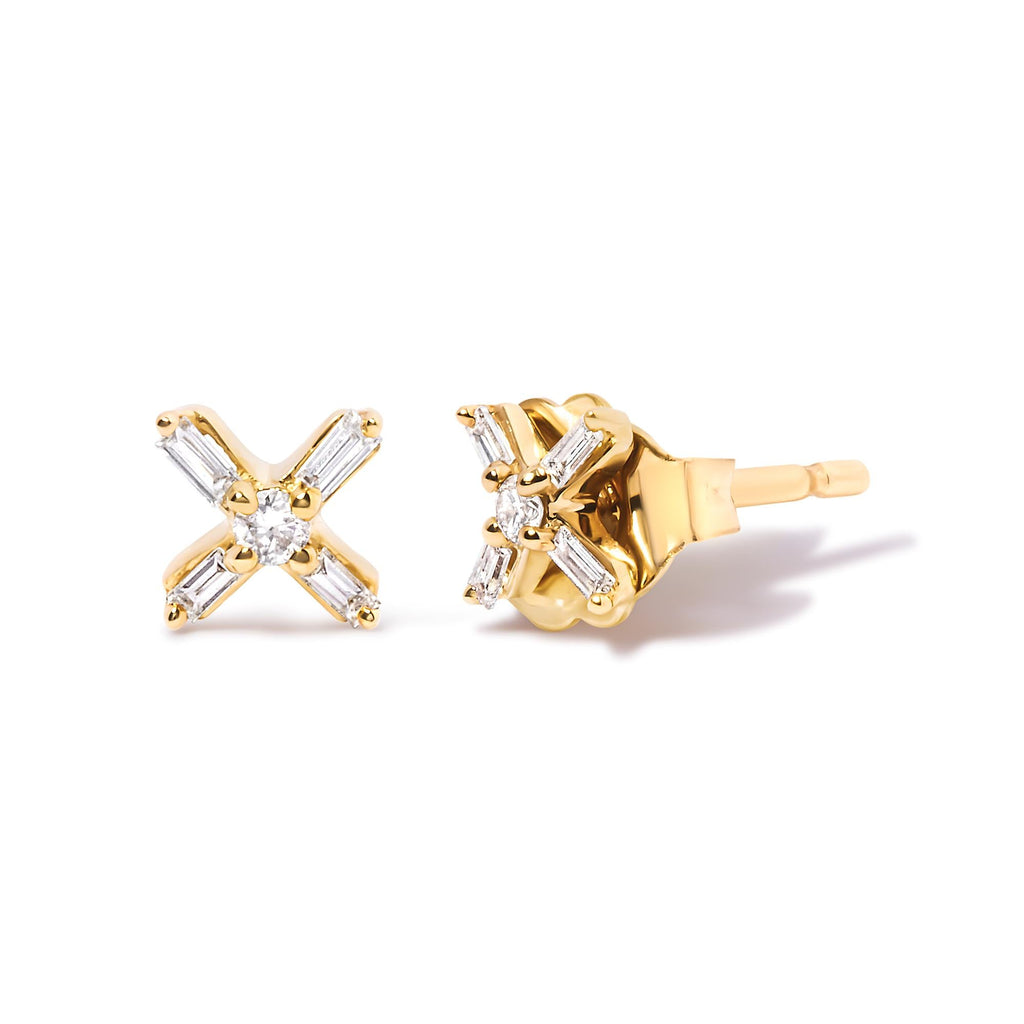 10K Yellow Gold 1/10 Cttw Round and Baguette Diamond Criss Cross X Stud Earring (H-I Color, I1-I2 Clarity) - Friggin Jewelry