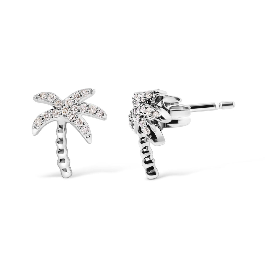 Aretes tipo palmera en oro blanco de 10 quilates con incrustaciones de diamantes de 1/10 quilates (color HI, claridad I1-I2) - Friggin Jewelry