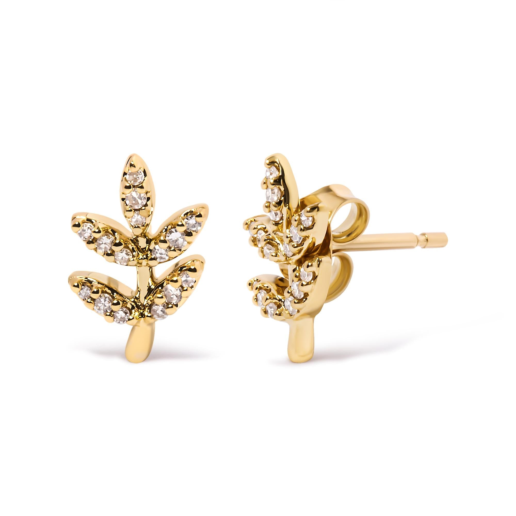 10K Yellow Gold 1/10 Cttw Diamond Accented Leaf and Branch Stud Earrings (H-I Color, I1-I2 Clarity) - Friggin Jewelry