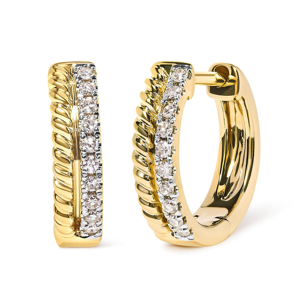 10K Yellow Gold 1/10 Cttw Diamond and Rope Twist Huggy Hoop Earrings (H-I Color, I1-I2 Clarity) - Friggin Jewelry