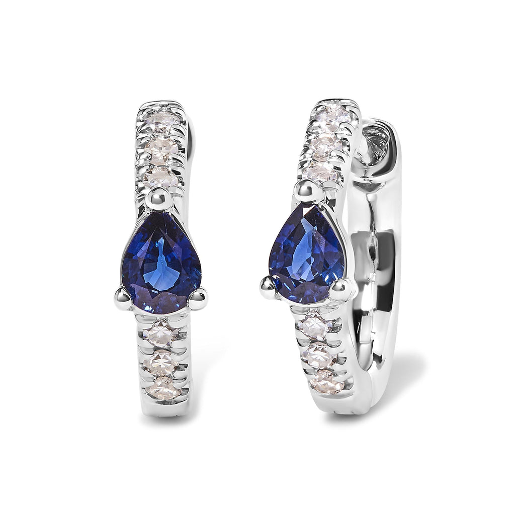 10K White Gold Pear Shaped Blue Sapphire and 1/10 Cttw Diamond Huggy Hoop Earrings (H-I Color, I1-I2 Clarity) - Friggin Jewelry