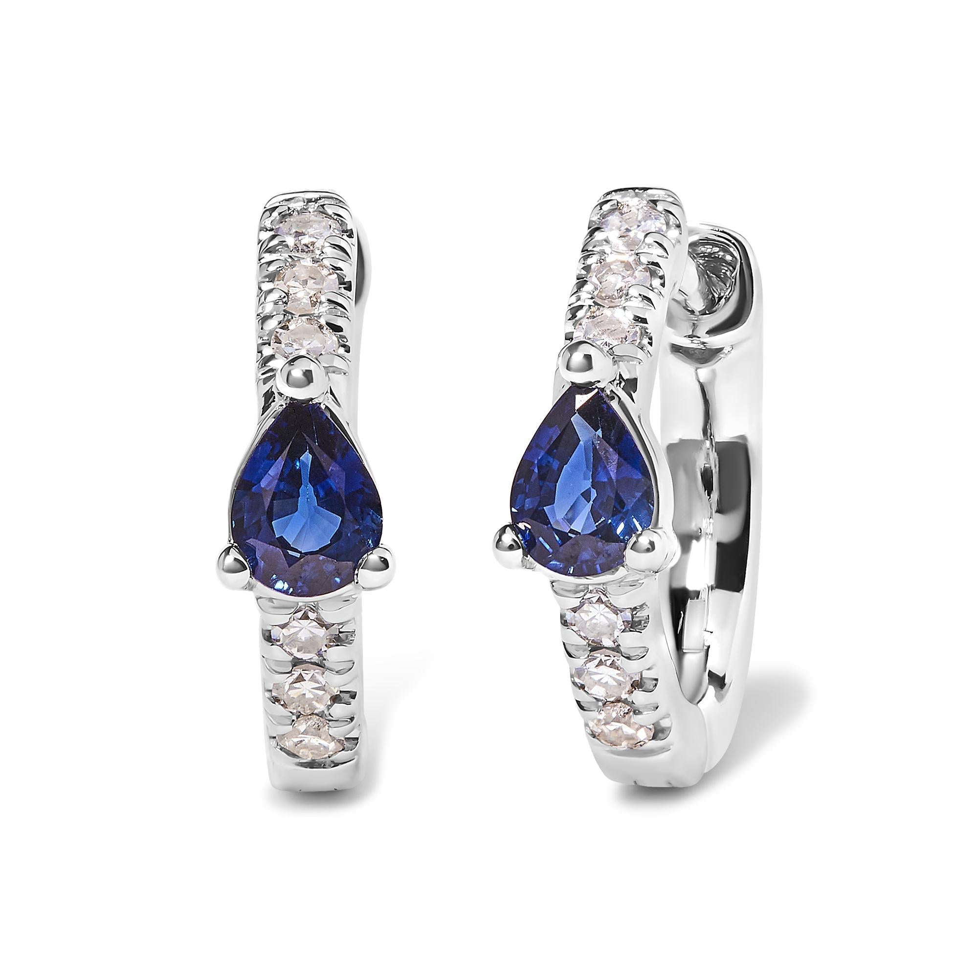 10K White Gold Pear Shaped Blue Sapphire and 1/10 Cttw Diamond Huggy Hoop Earrings (H-I Color, I1-I2 Clarity) - Friggin Jewelry