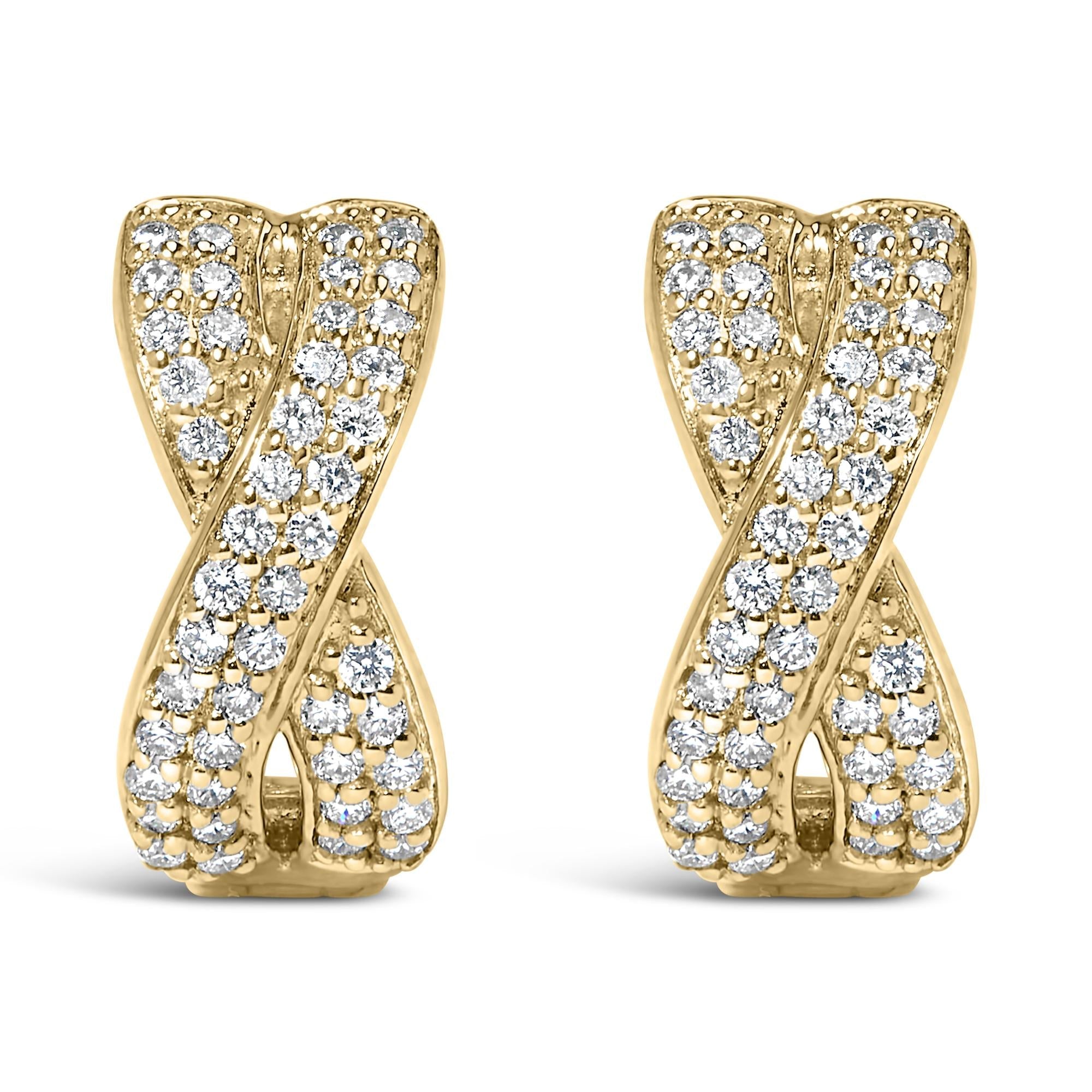 14K Yellow Gold 1/3 Cttw Diamond Criss Cross Huggie Hoop Earrings (G-H Color, SI2-I1 Clarity) - Friggin Jewelry