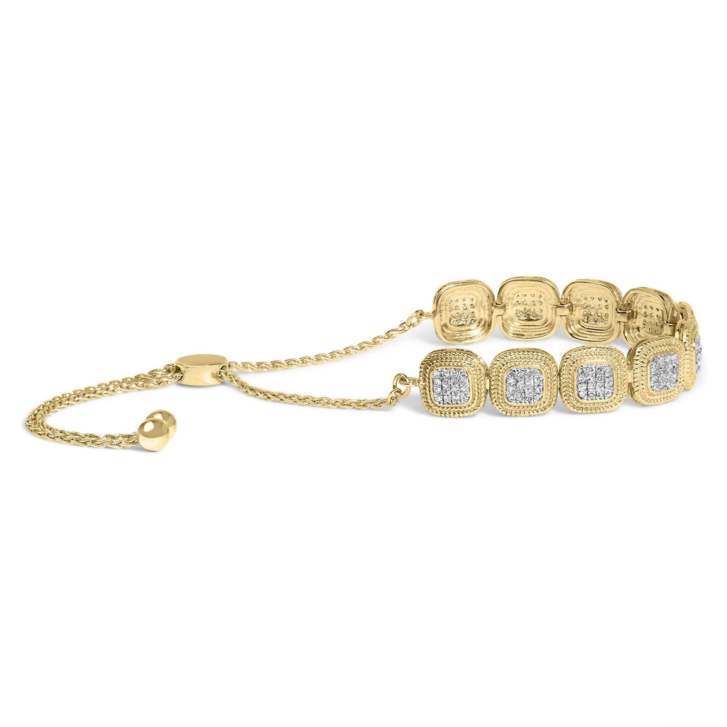 Pulsera bolo ajustable de 10 a 25 cm con diamantes de 5/8 quilates y marco de cojín, chapada en oro amarillo de 14 k (plata de ley .925) (color GH, claridad I1-I2) - Friggin Jewelry
