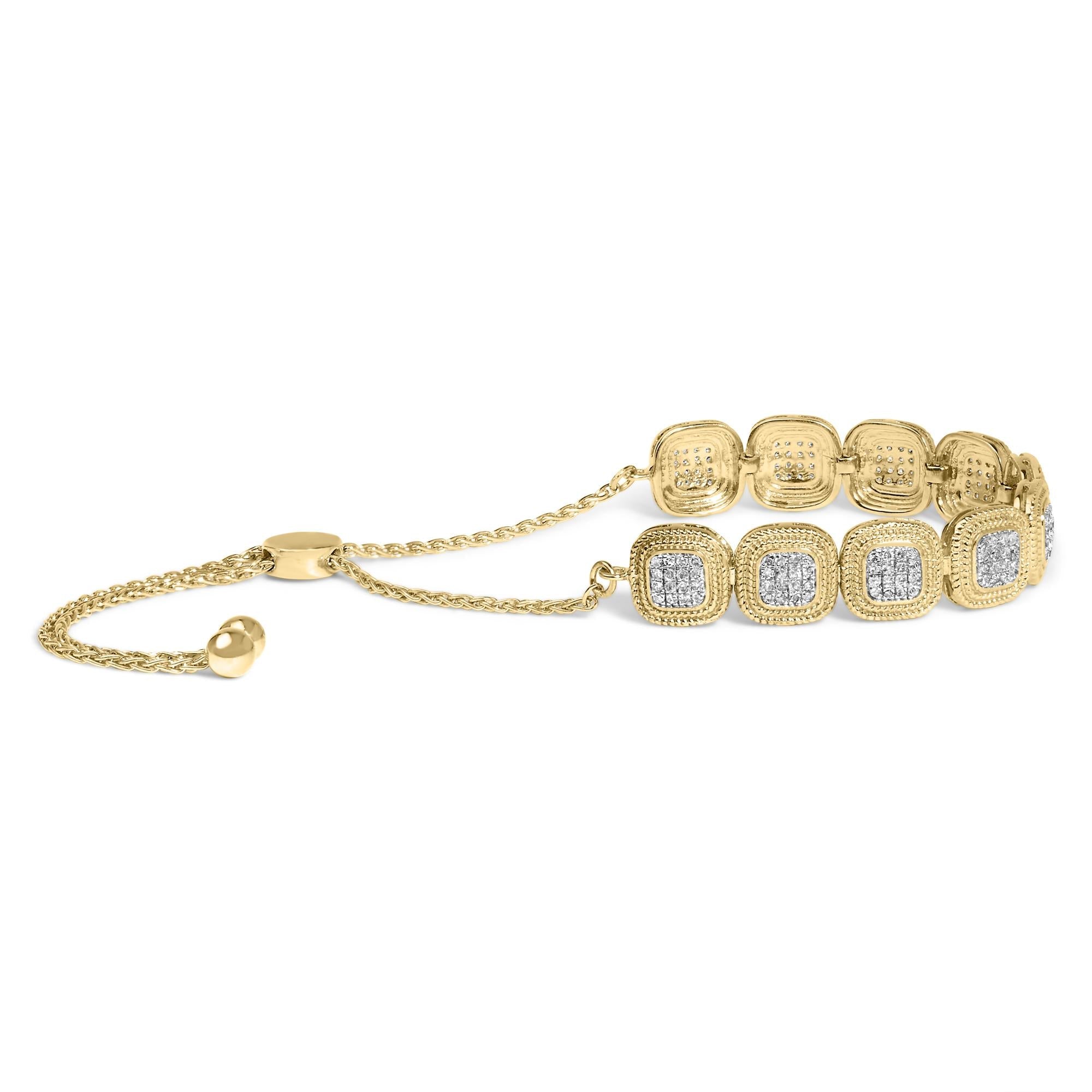Pulsera bolo ajustable de 10 a 25 cm con diamantes de 5/8 quilates y marco de cojín, chapada en oro amarillo de 14 k (plata de ley .925) (color GH, claridad I1-I2) - Friggin Jewelry