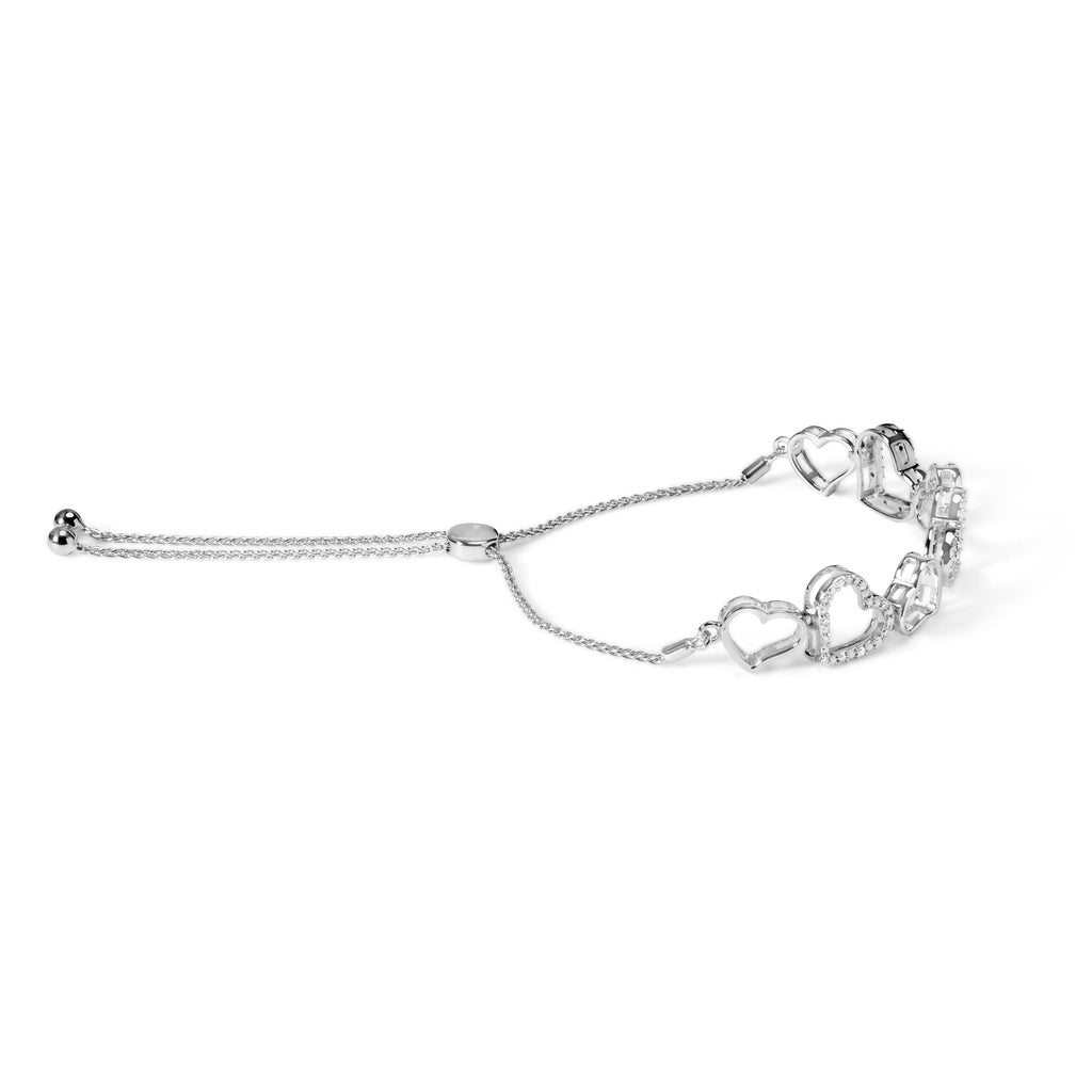 .925 Sterling Silver 1/4 Cttw Diamond Open Heart Link Adjustable Bolo Bracelet   (I-J Color, I2-I3 Clarity) - 4 to 10 Inches - Friggin Jewelry