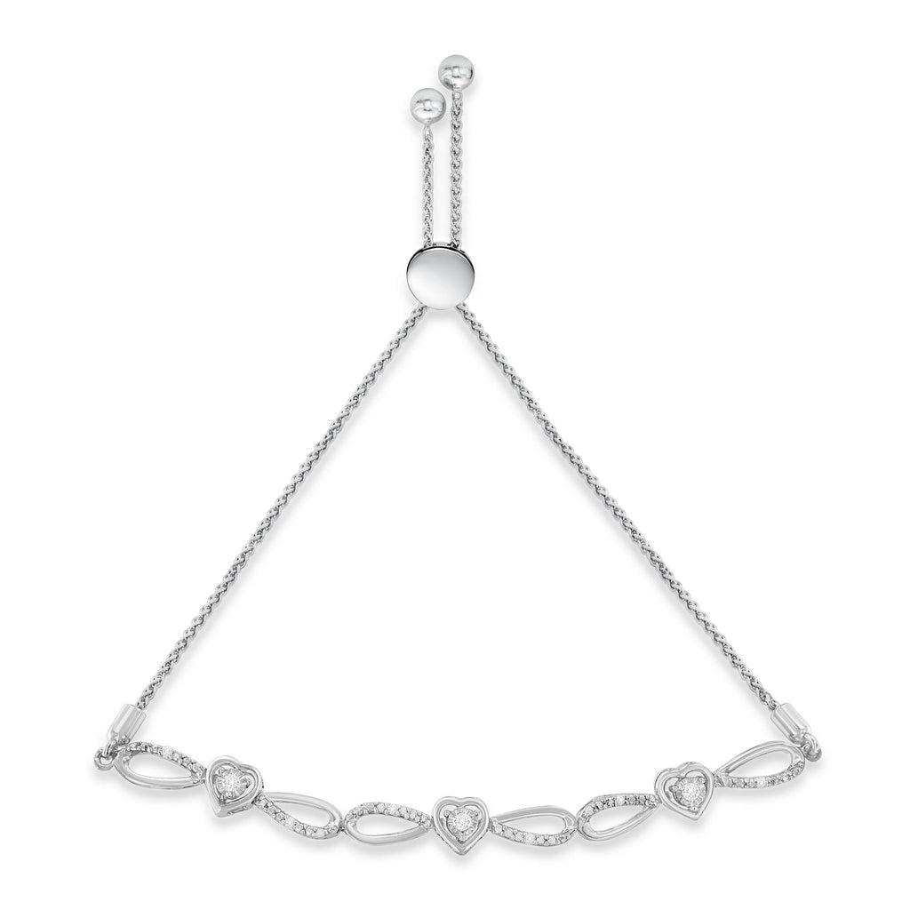 .925 Sterling Silver 1/10 Cttw Diamond Triple Heart-in-Infinity Bolo Style Adjustable Bracelet (H-I Color, I2-I3 Clarity) - Friggin Jewelry