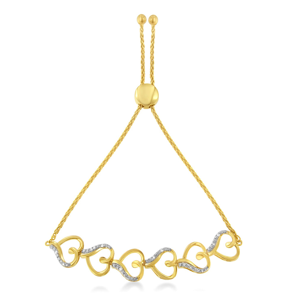 Pulsera bolo de plata de ley 925 bañada en oro amarillo de 14 quilates con eslabones en forma de corazón y detalles de diamantes (color HI, claridad I2-I3) - Friggin Jewelry