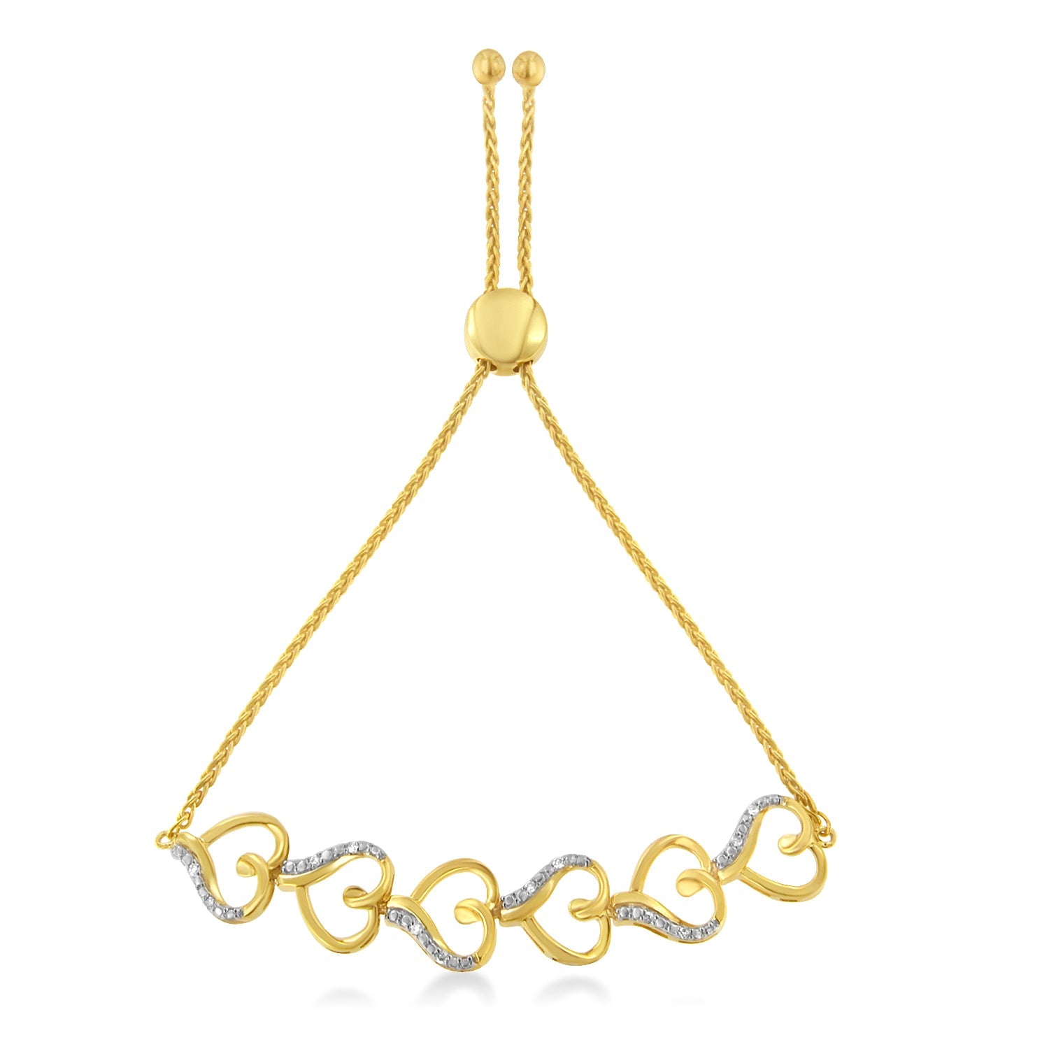 14K Yellow Gold Plated .925 Sterling Silver Diamond Accent Heart Link Bolo Bracelet (H-I Color, I2-I3 Clarity) - Friggin Jewelry