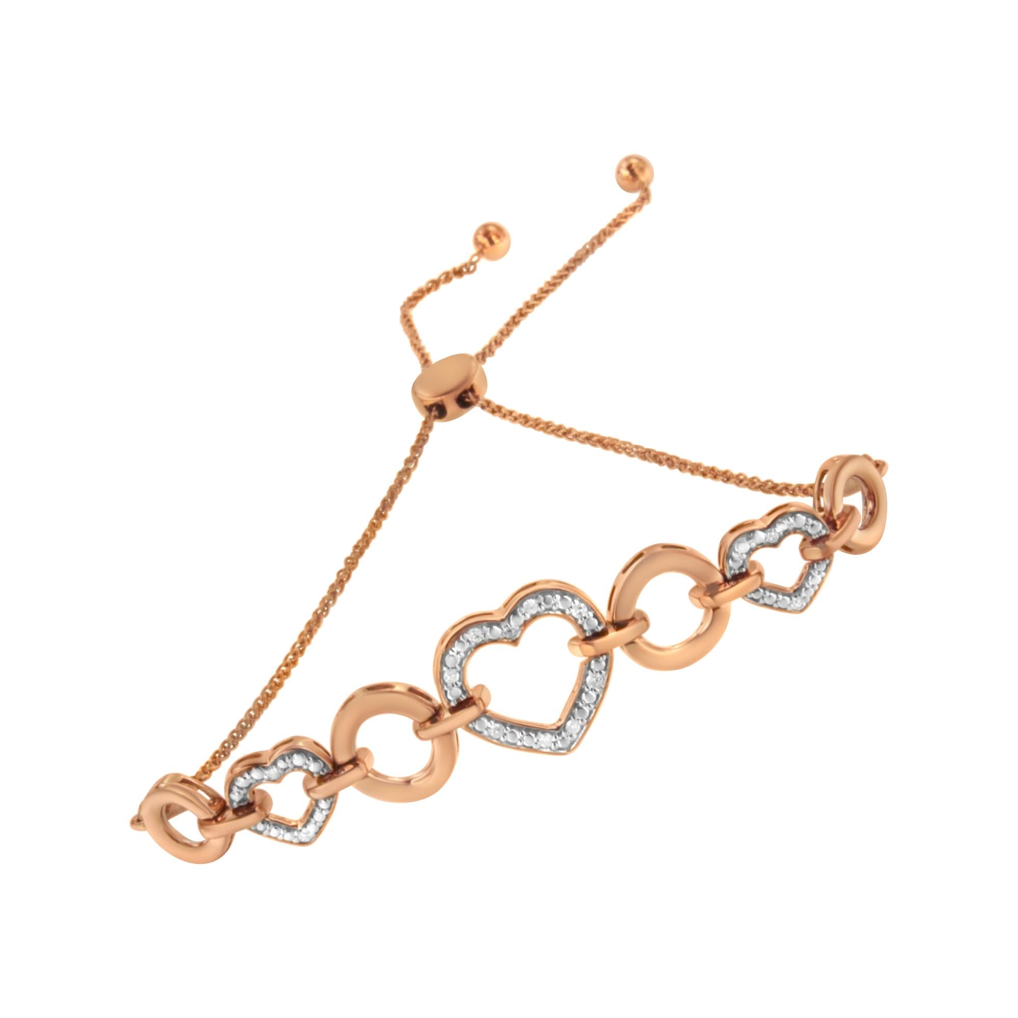 10K Rose Gold over .925 Sterling Silver 1/10 Cttw Round-Cut Diamond Heart Link Adjustable Bolo Bracelet (H-I Color, I2-I3 Clarity) - 6"-9" Adjustable - Friggin Jewelry