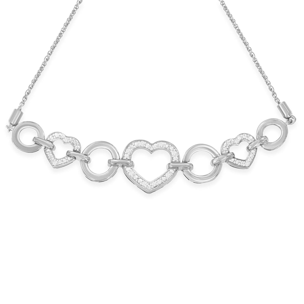 .925 Sterling Silver 1/10 Cttw Round-Cut Diamond Heart-Link Adjustable Bolo Bracelet ( H-I Color, I2-I3 Clarity) - 6"-9" Adjustable - Friggin Jewelry