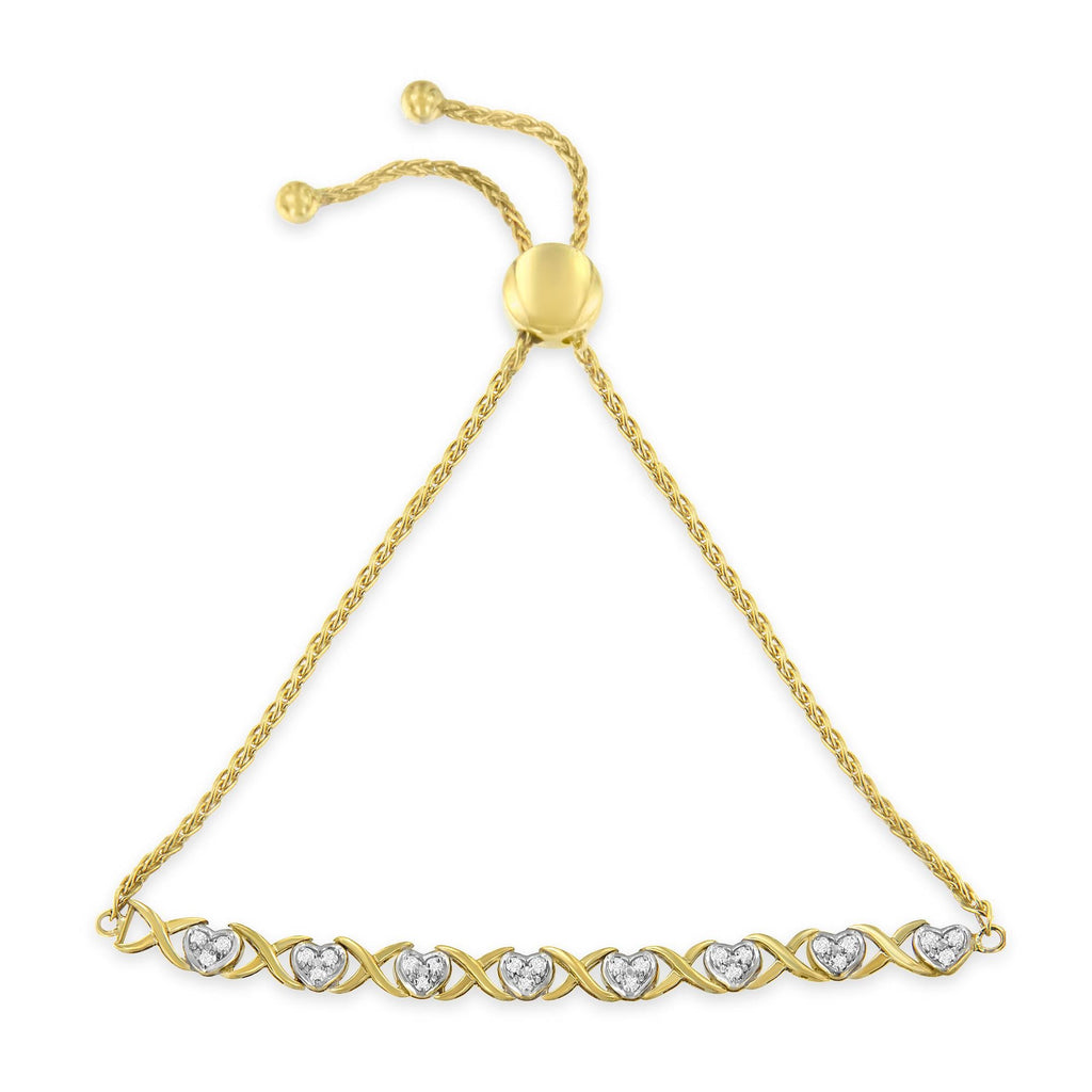10K Yellow Gold over .925 Sterling Silver 1/10 Cttw Diamond Heart and X-Link 6”-9” Adjustable Bolo Bracelet (H-I Color, I2-I3 Clarity) - Friggin Jewelry