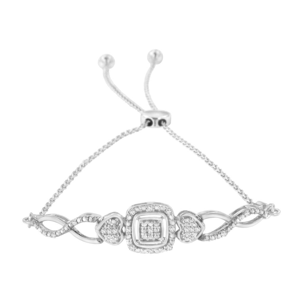 Braccialetto Bolo Tennis Bolo regolabile in argento sterling 925 con montatura a cuscino e diamanti, lato cuore, da 4" a 10" (colore IJ, purezza I3) - Friggin Jewelry