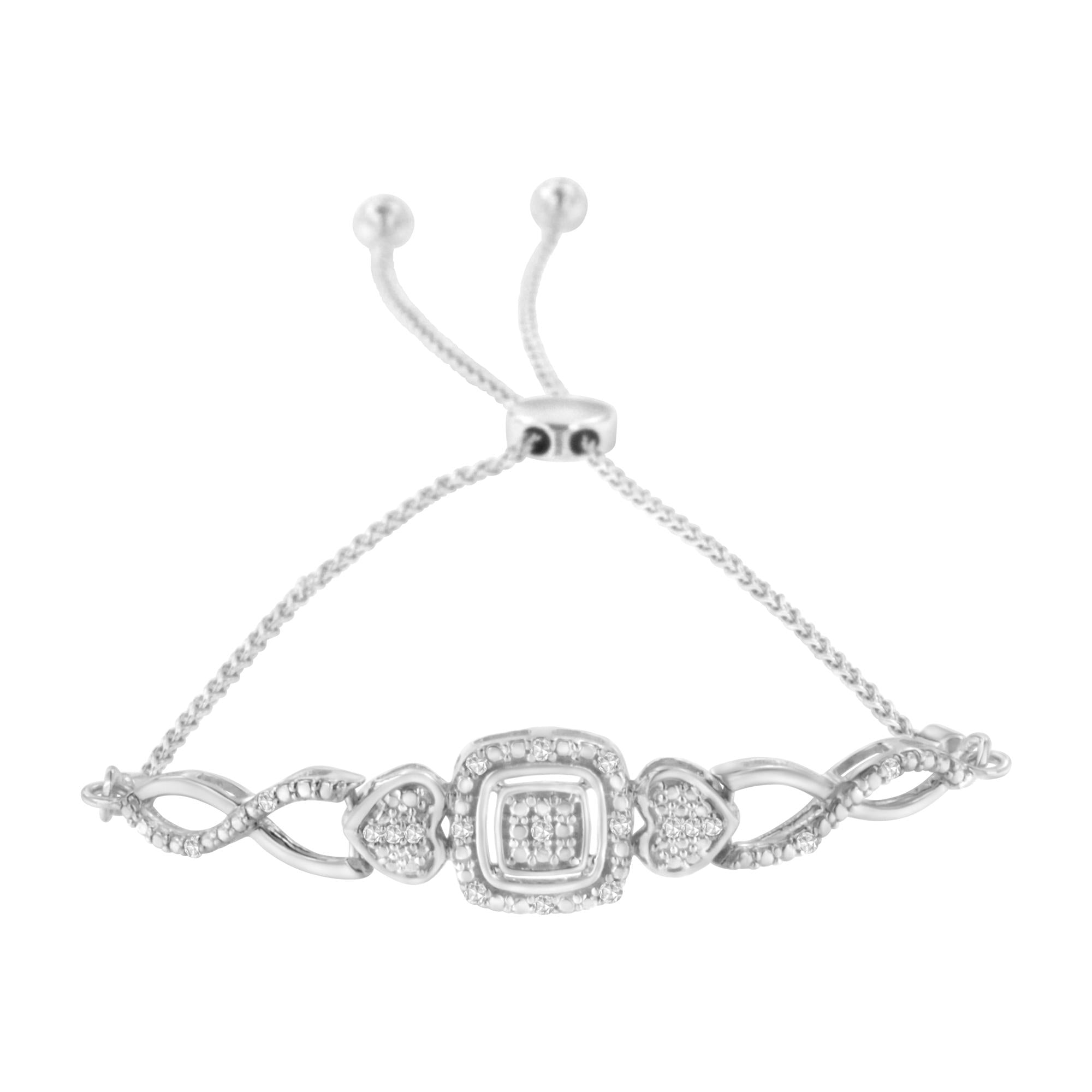 Braccialetto Bolo Tennis Bolo regolabile in argento sterling 925 con montatura a cuscino e diamanti, lato cuore, da 4" a 10" (colore IJ, purezza I3) - Friggin Jewelry