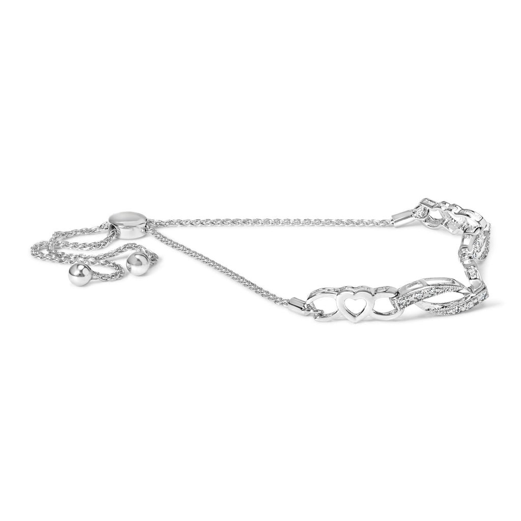 .925 Sterling Silver 1/10 Cttw Diamond Heart Link Adjustable Bolo Bracelet (I-J Color, I2-I3 Clarity) - 4 to 10 Inches - Friggin Jewelry