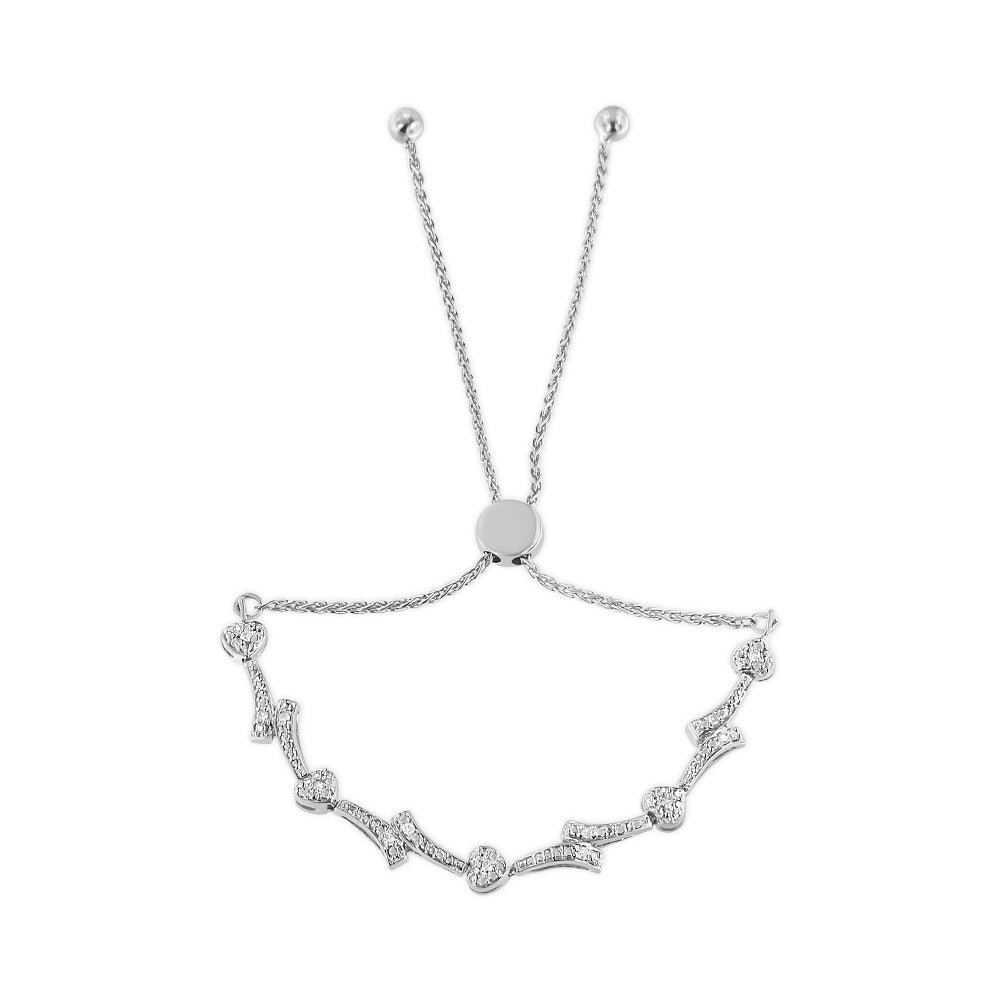 Pulsera bolo de plata de ley 925 con detalles de diamantes y eslabones ondulados (color IJ, claridad I2-I3) - Ajustable de 15 a 23 cm - Friggin Jewelry