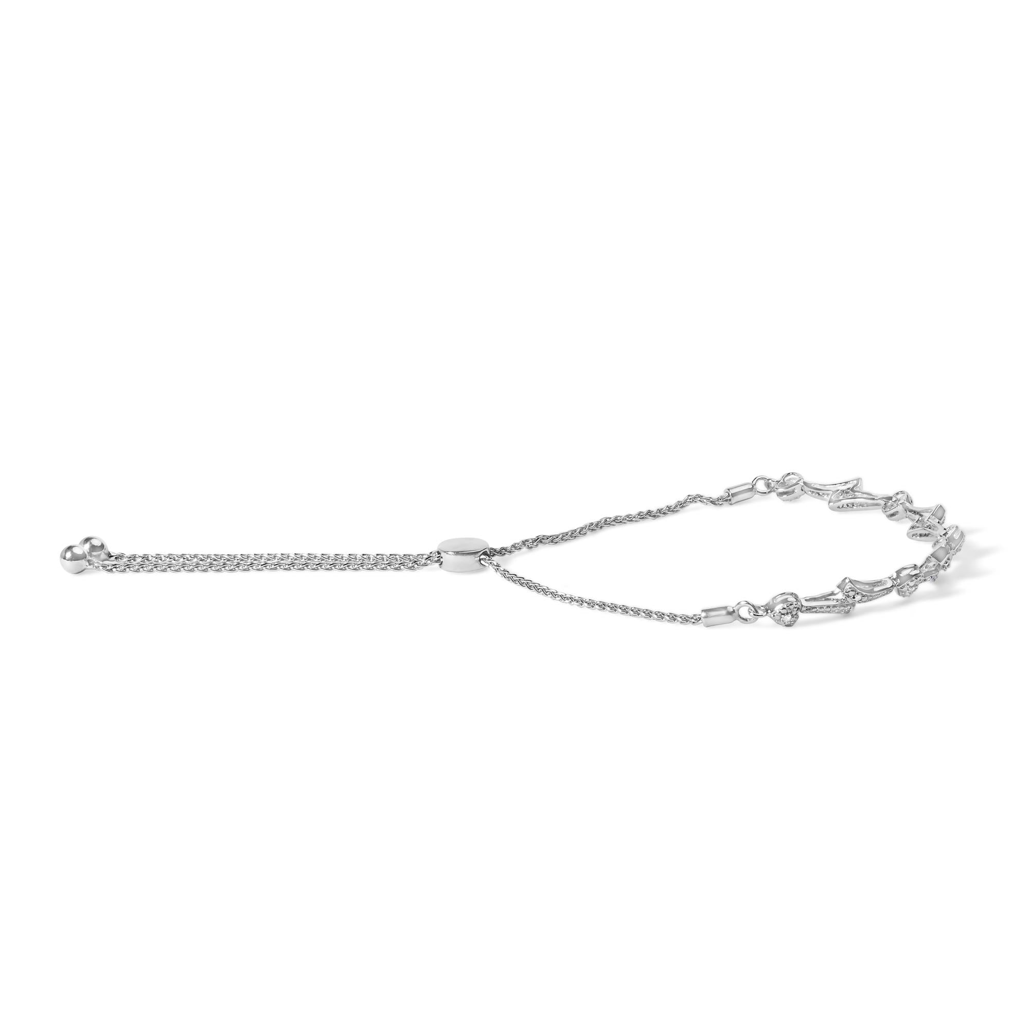 .925 Sterling Silver Diamond Accent Heart and Wave Link Bolo Bracelet (I-J Color, I2-I3 Clarity) - 6" to 9" Adjustable - Friggin Jewelry
