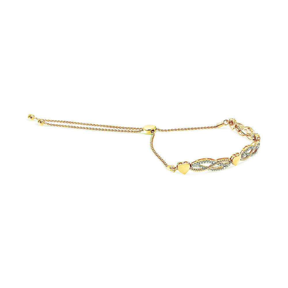 14K Yellow Gold Plated .925 Sterling Silver 1/10 Cttw Diamond Wave and Hearts Bolo Bracelet (I-J Color, I2-I3 Clarity) - 4"-10" Adjustable - Friggin Jewelry