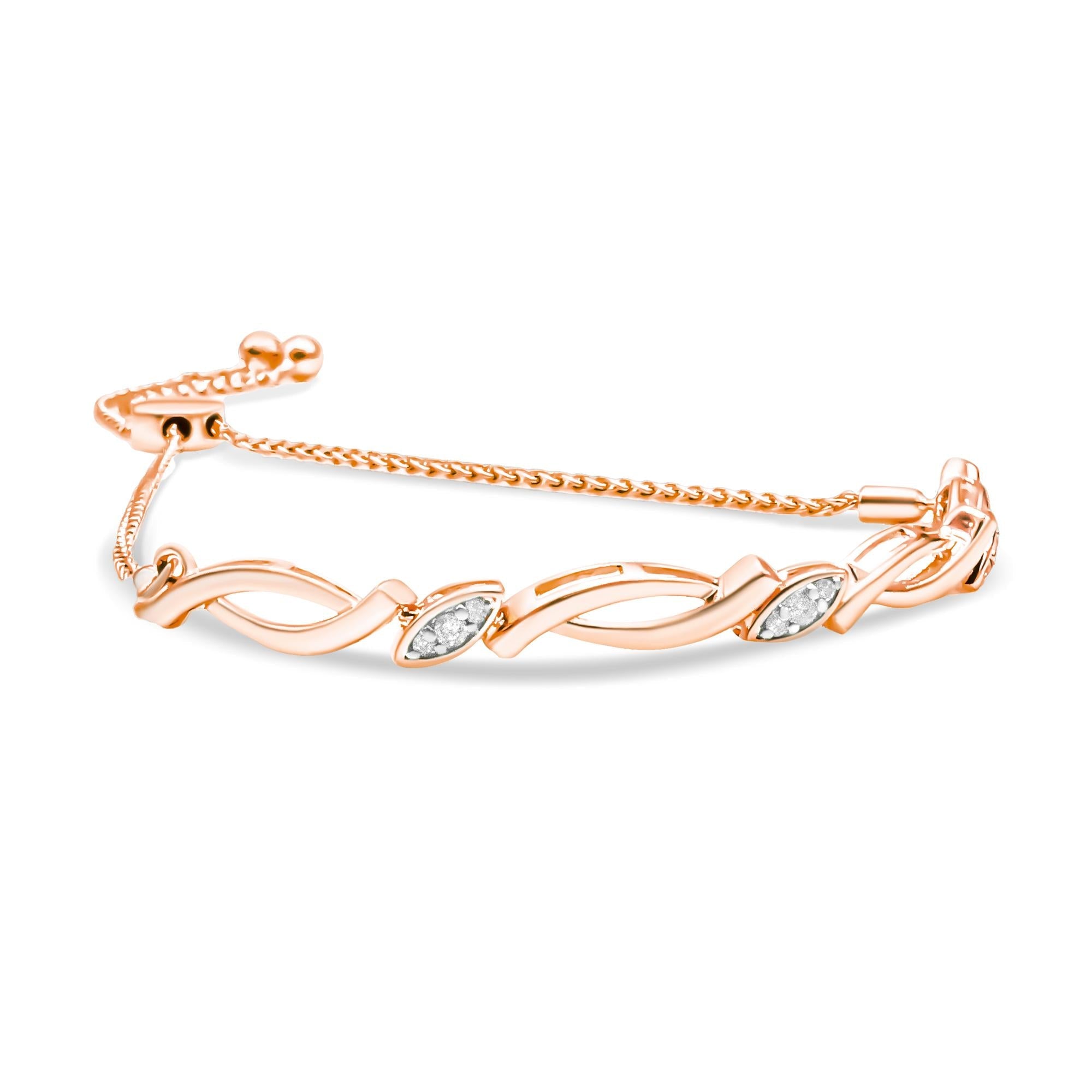 Pulsera bolo de eslabones en espiral alternados con detalles de diamantes en plata de ley 925 (color IJ, claridad I2-I3) - Ajustable de 15 a 23 cm - Friggin Jewelry