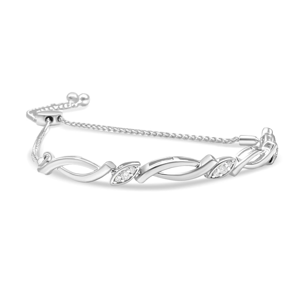 Pulsera bolo de eslabones en espiral alternados con detalles de diamantes en plata de ley 925 (color IJ, claridad I2-I3) - Ajustable de 15 a 23 cm - Friggin Jewelry