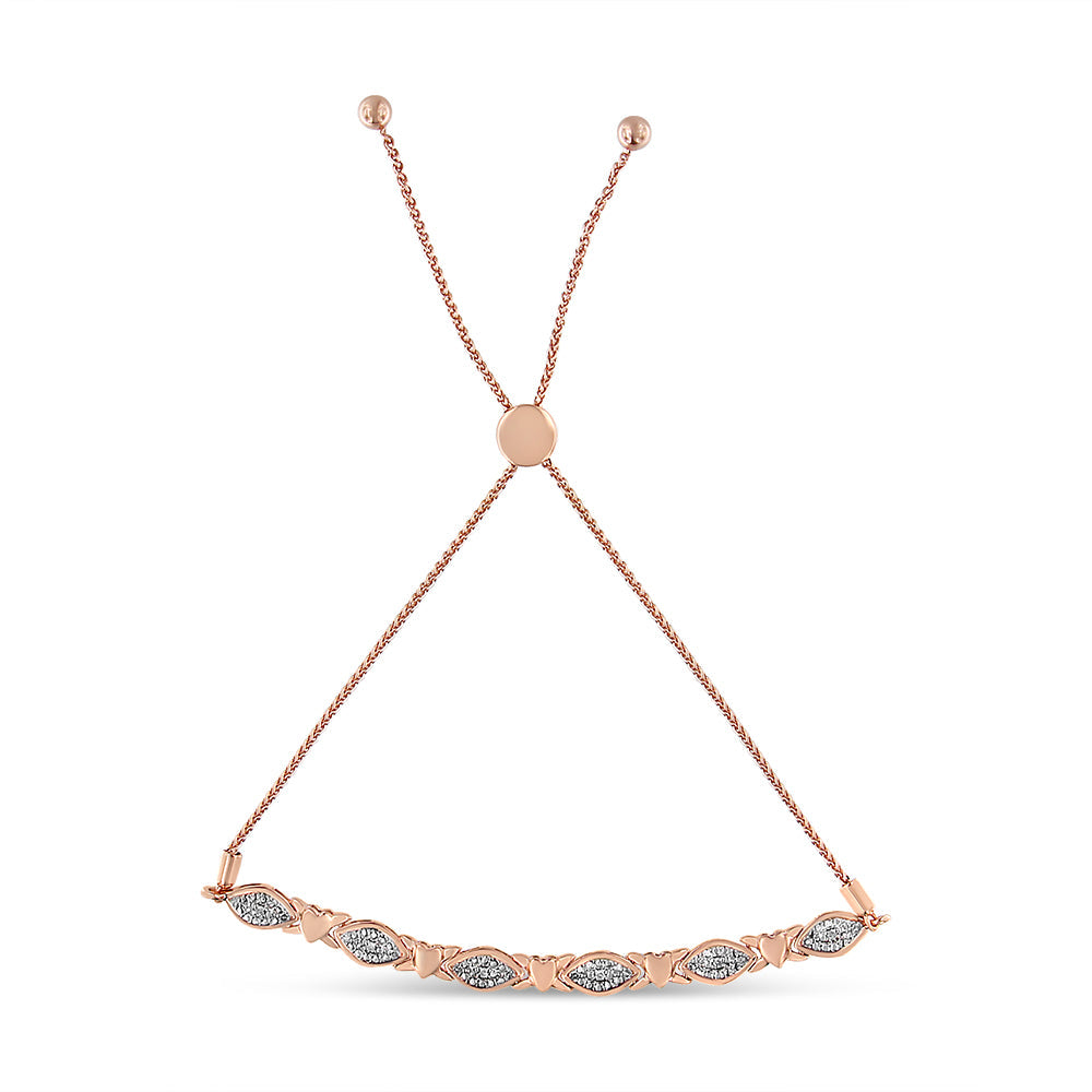 Pulsera bolo de plata de ley 925 con detalles de diamantes, forma marquesa alternada y eslabones de corazón (color IJ, claridad I3) - Ajustable de 15 a 23 cm - Friggin Jewelry