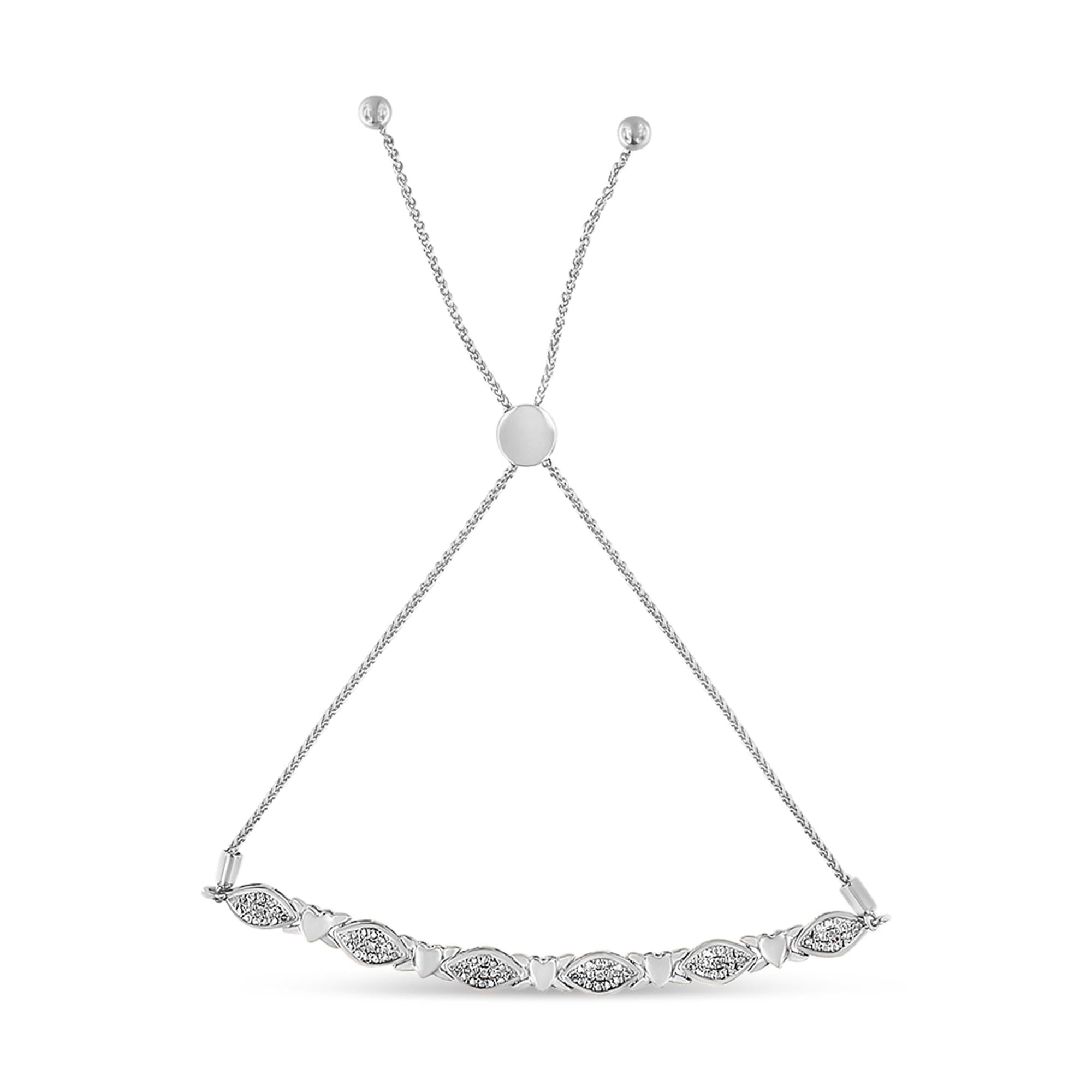 Pulsera bolo de plata de ley 925 con detalles de diamantes, forma marquesa alternada y eslabones de corazón (color IJ, claridad I3) - Ajustable de 15 a 23 cm - Friggin Jewelry