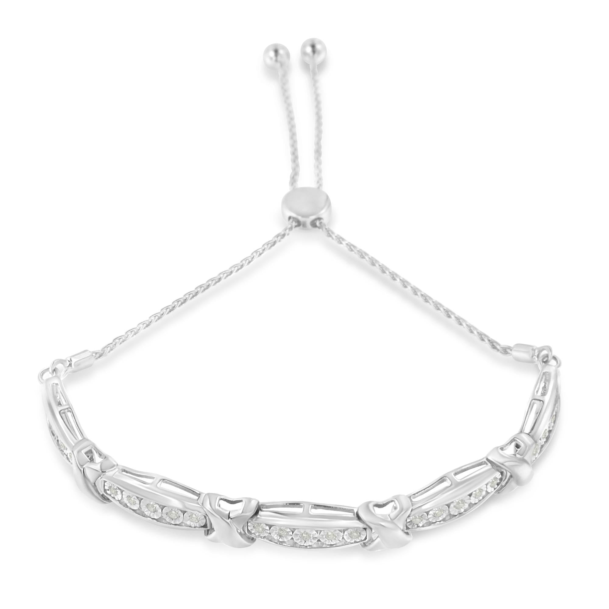 Pulsera bolo con diamantes de talla redonda en forma de X y barra cónica engastada milagrosamente (color IJ, claridad I3) - Plata de ley 925 - Friggin Jewelry