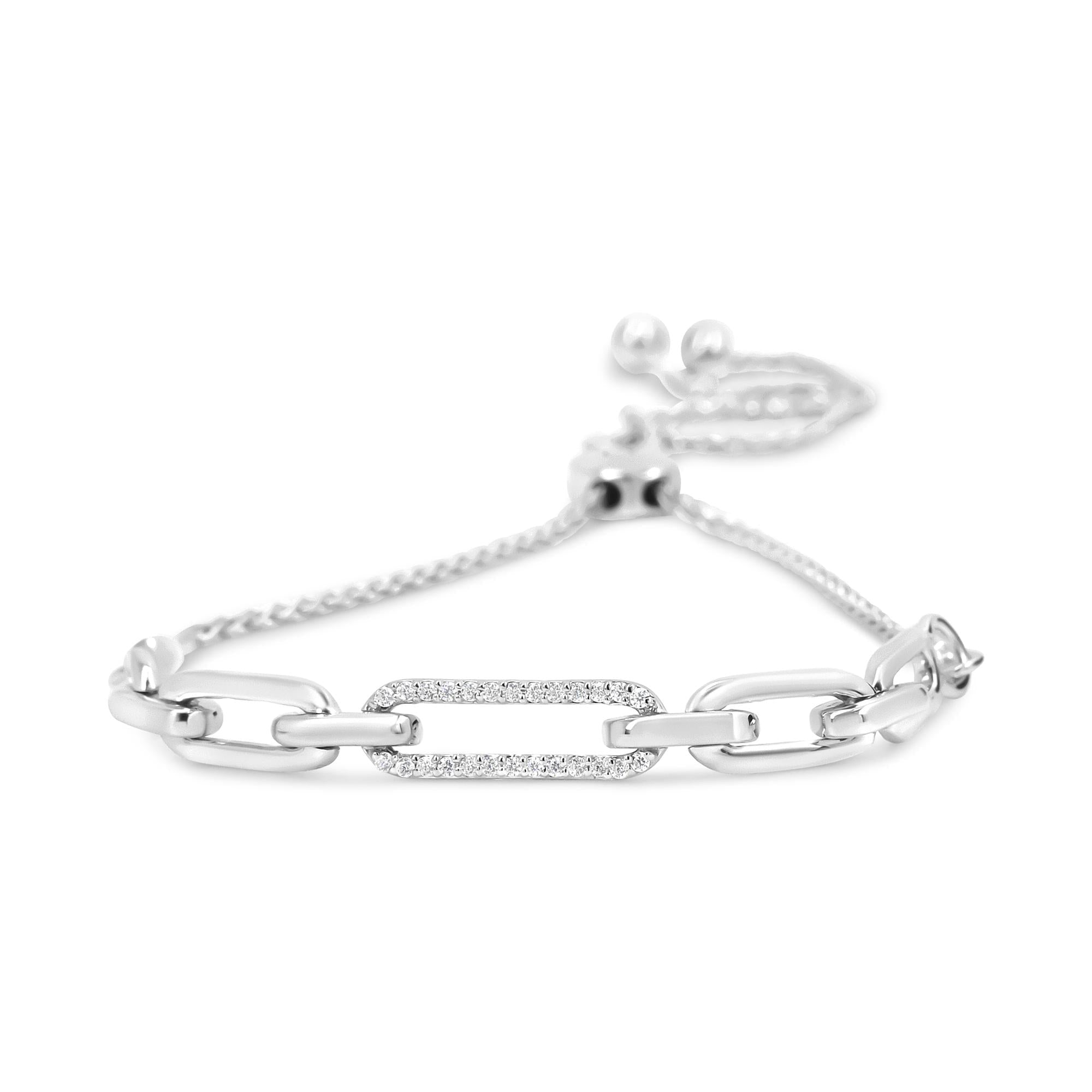 .925 Sterling Silver 1/10 Cttw Diamond Paperclip Link Adjustable Bolo Bracelet (I-J Color, I2-I3 Clarity) - Friggin Jewelry