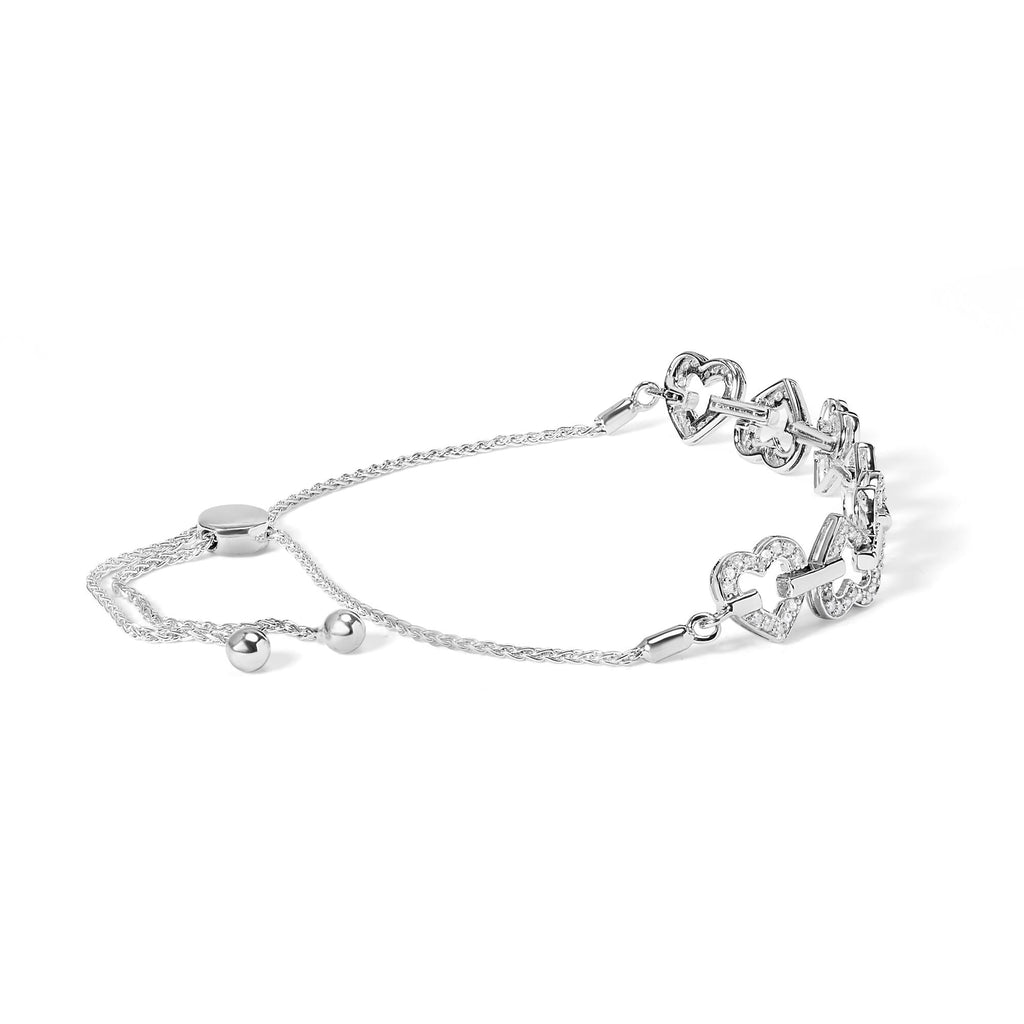 Bracciale Bolo regolabile in argento sterling 925 con diamanti da 1/2 carati e maglie a cuore alternate (colore IJ, purezza I3) - da 4" a 10" pollici - Friggin Jewelry
