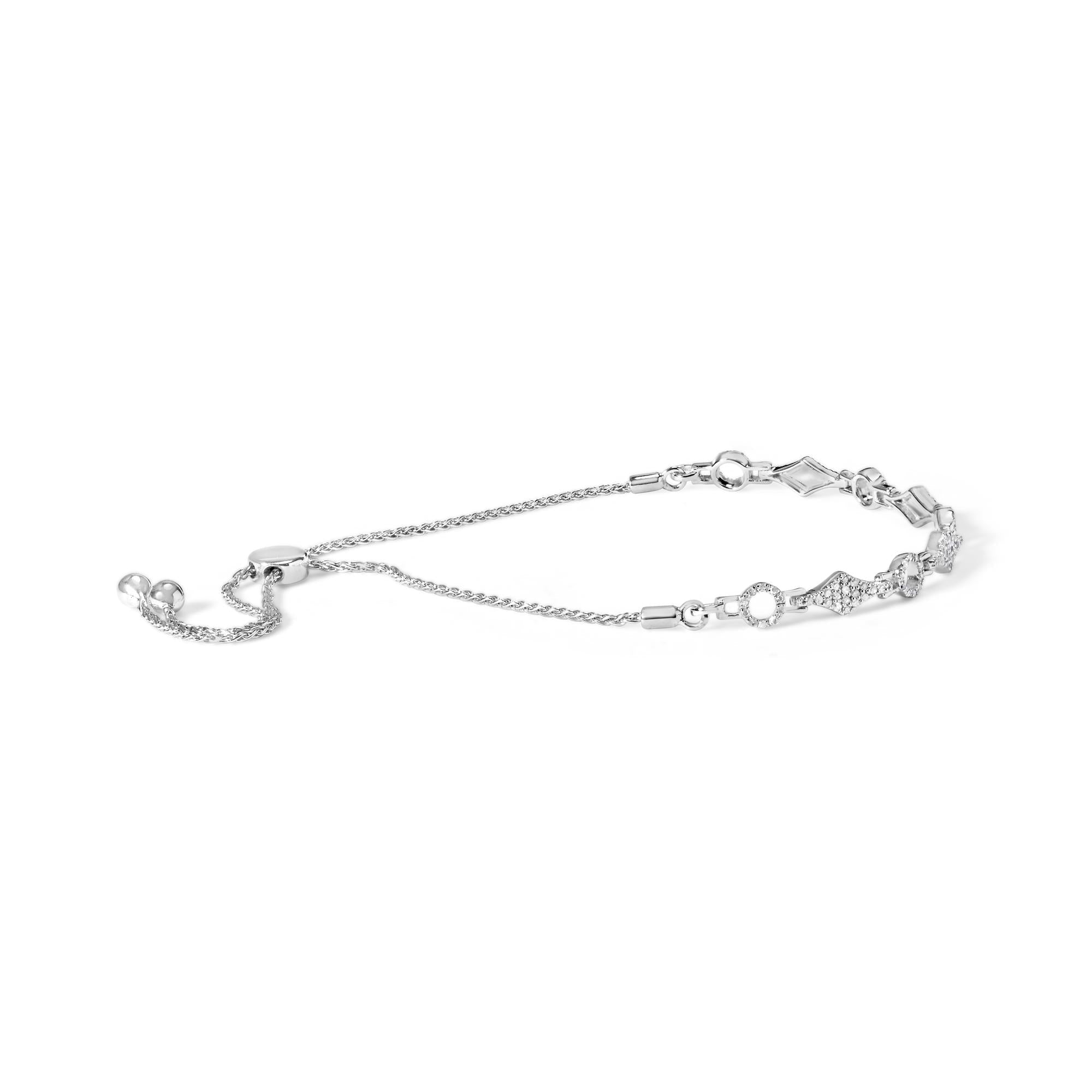 .925 Sterling Silver 1/2 Cttw Diamond Alternating Circle and Kite Link Adjustable Bolo Bracelet (I-J Color, I3 Clarity) - 4" to 10" Inches - Friggin Jewelry
